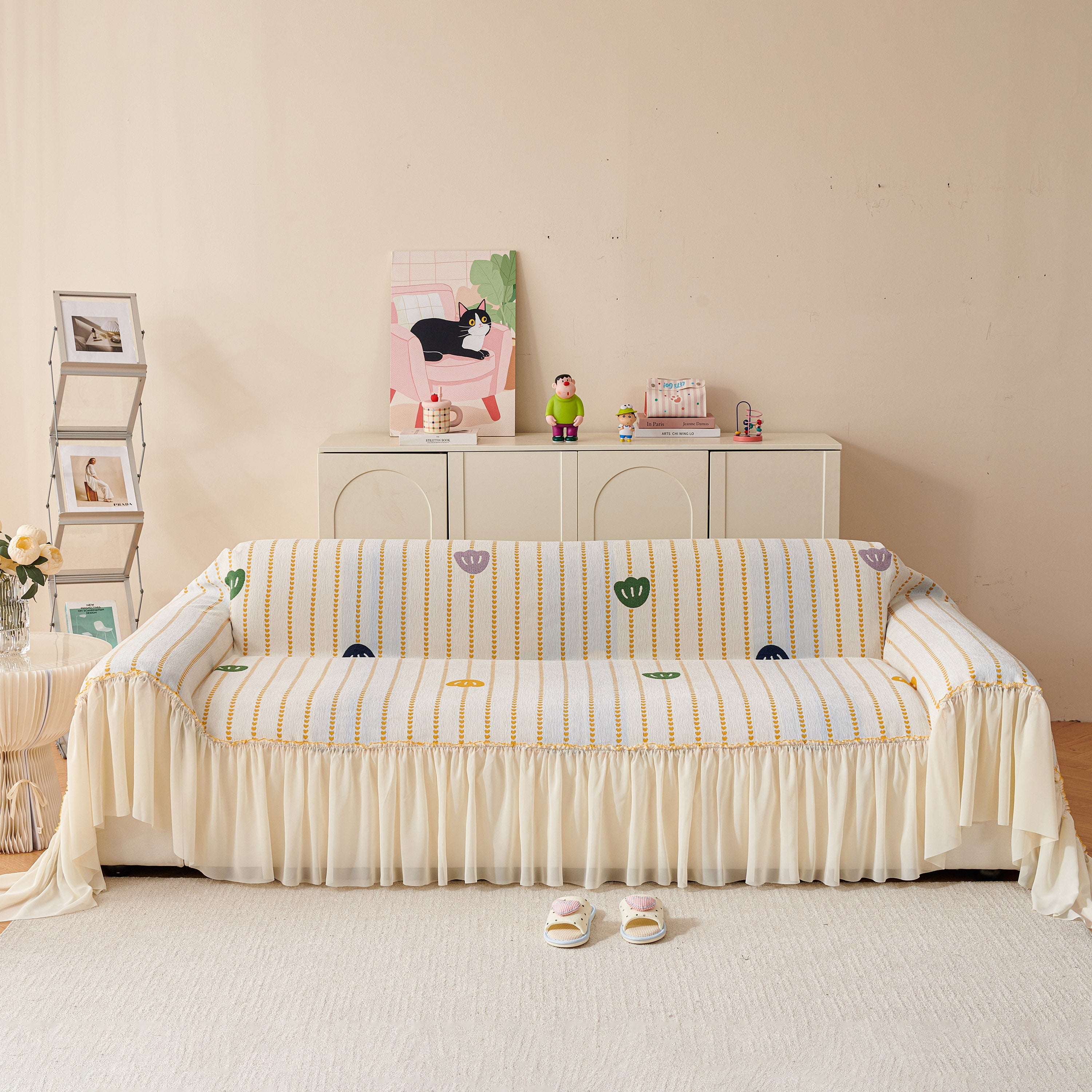 Cute Dotted Stripe Couch Protector, Non-Slip Washable Sofa Cover with Ruffled Skirt