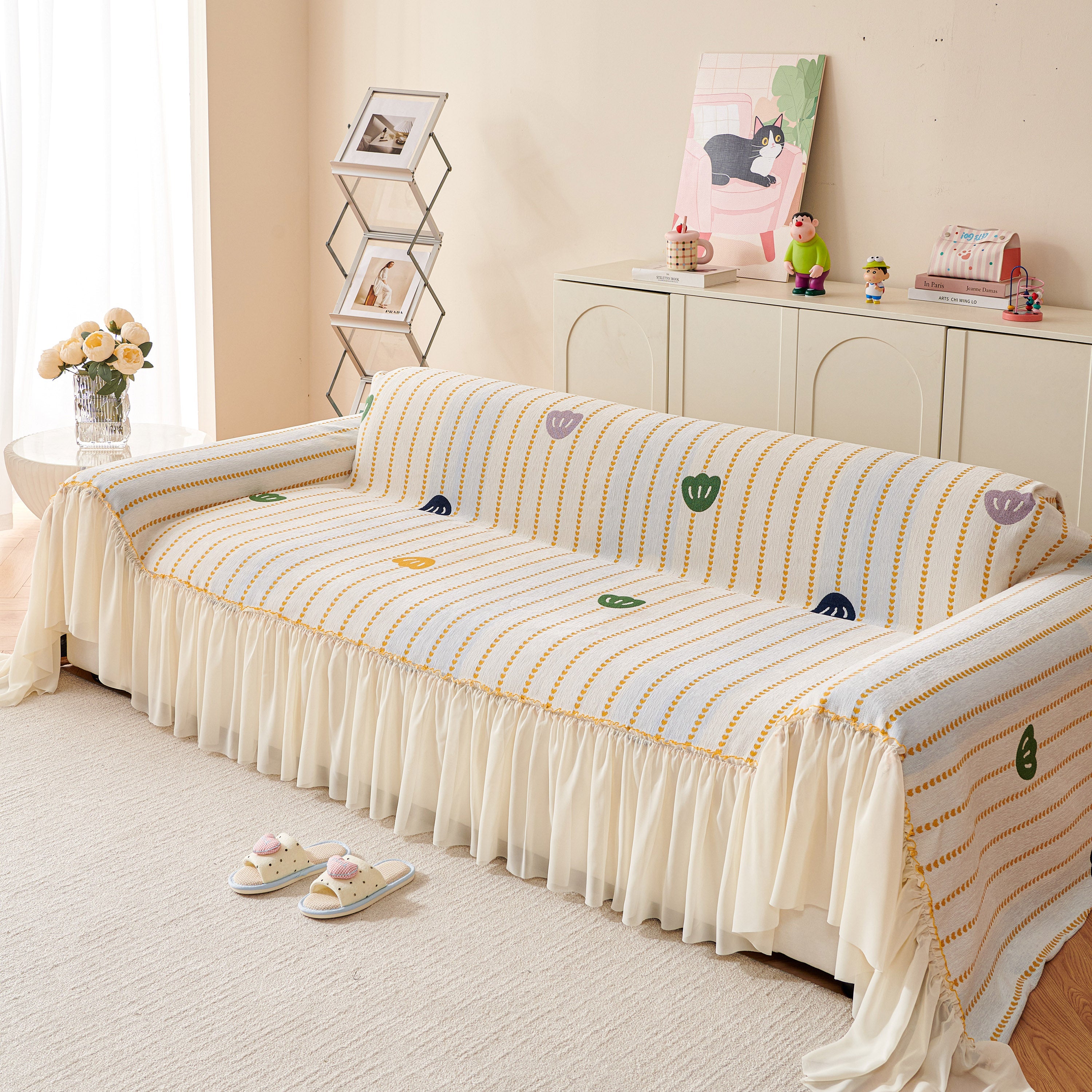 Cute Dotted Stripe Couch Protector, Non-Slip Washable Sofa Cover with Ruffled Skirt