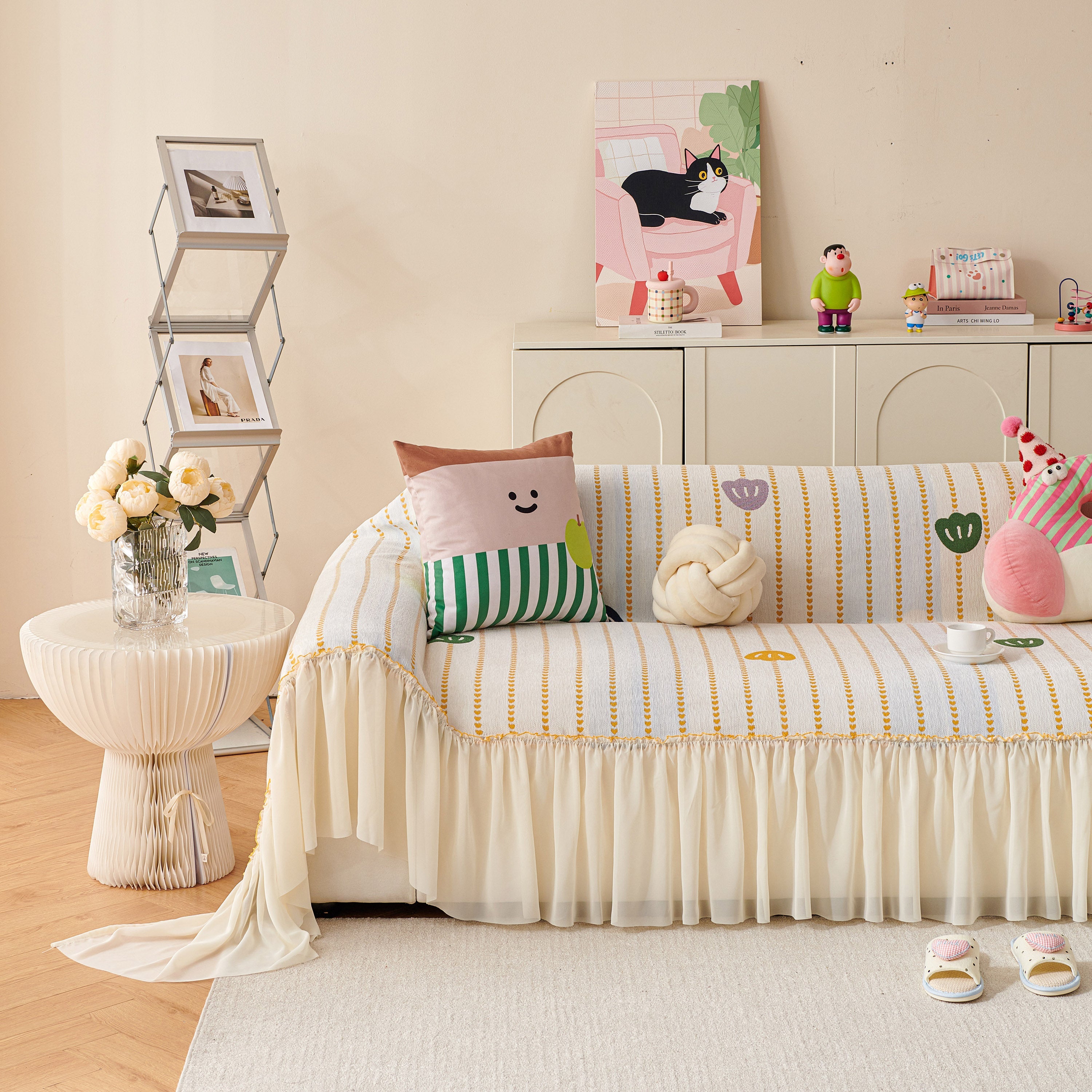 Cute Dotted Stripe Couch Protector, Non-Slip Washable Sofa Cover with Ruffled Skirt