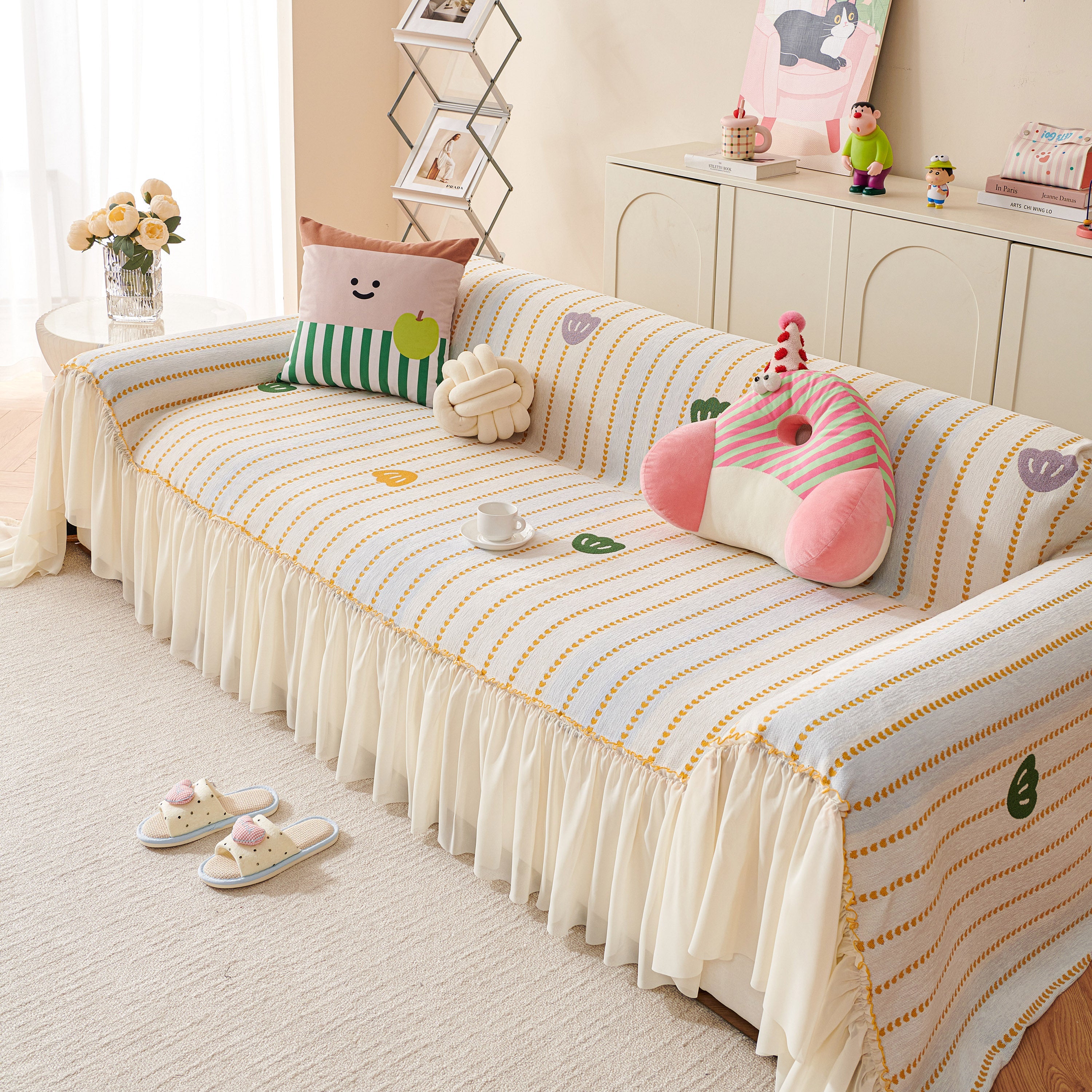 Cute Dotted Stripe Couch Protector, Non-Slip Washable Sofa Cover with Ruffled Skirt
