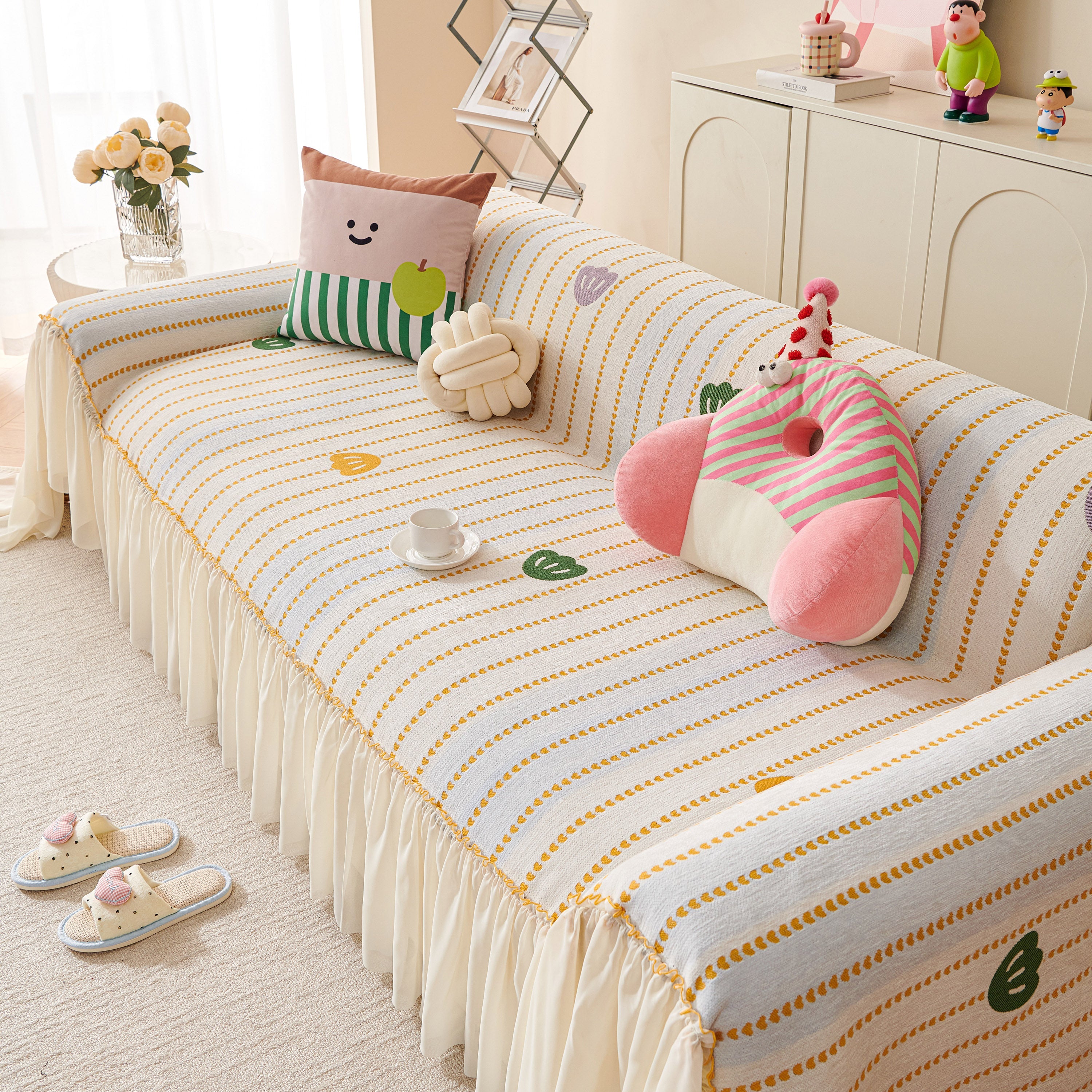 Cute Dotted Stripe Couch Protector, Non-Slip Washable Sofa Cover with Ruffled Skirt