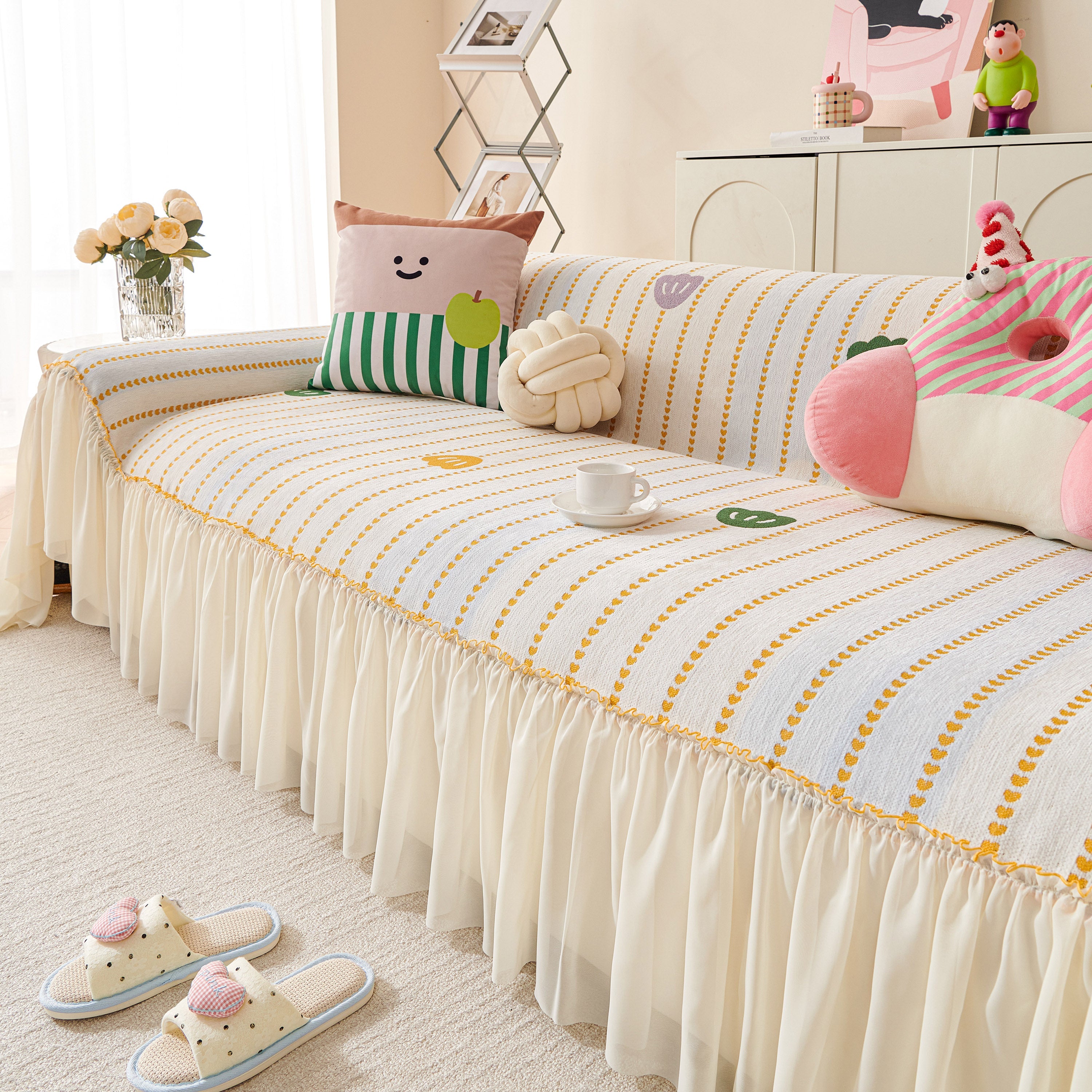 Cute Dotted Stripe Couch Protector, Non-Slip Washable Sofa Cover with Ruffled Skirt