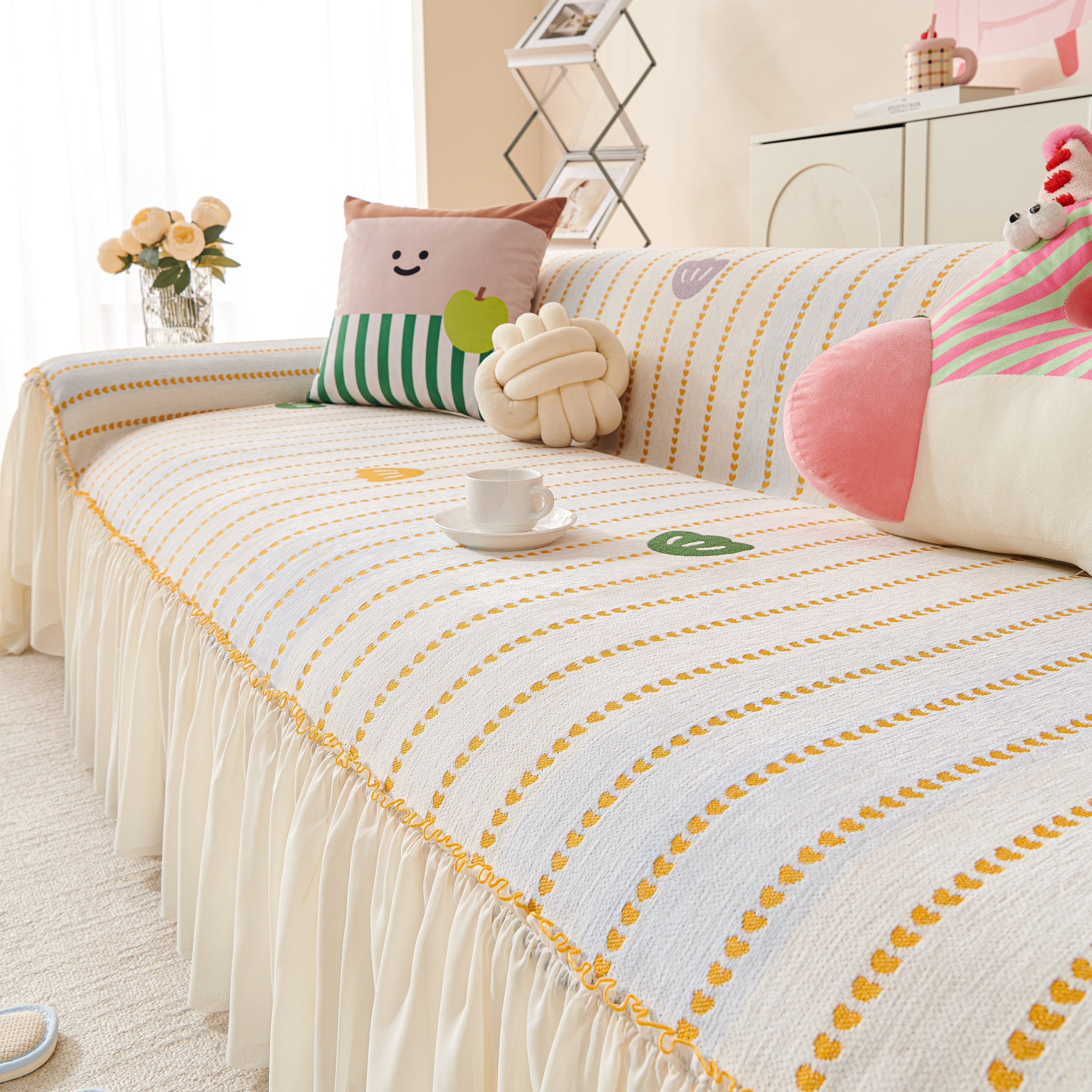 Cute Dotted Stripe Couch Protector, Non-Slip Washable Sofa Cover with Ruffled Skirt
