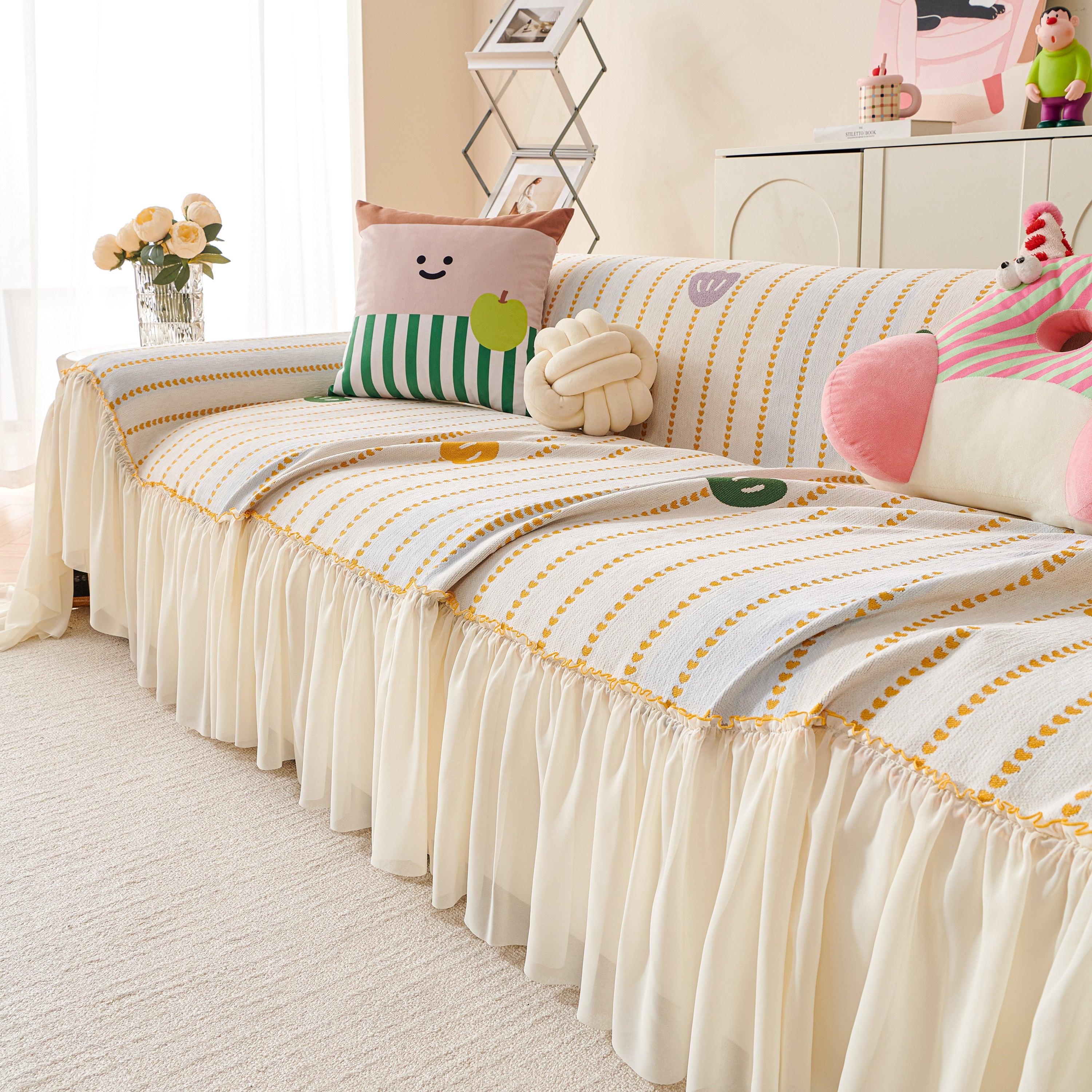 Cute Dotted Stripe Couch Protector, Non-Slip Washable Sofa Cover with Ruffled Skirt