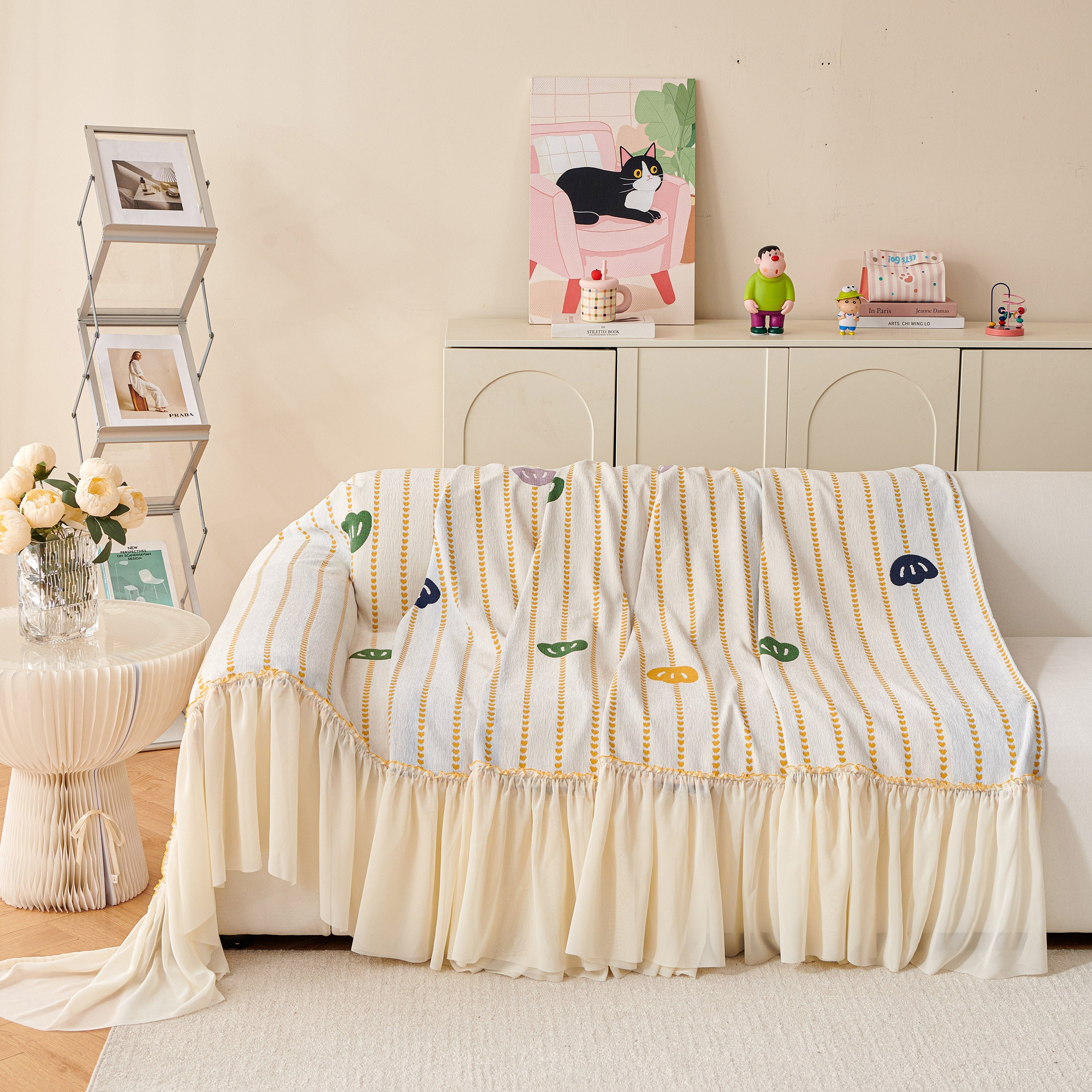 Cute Dotted Stripe Couch Protector, Non-Slip Washable Sofa Cover with Ruffled Skirt