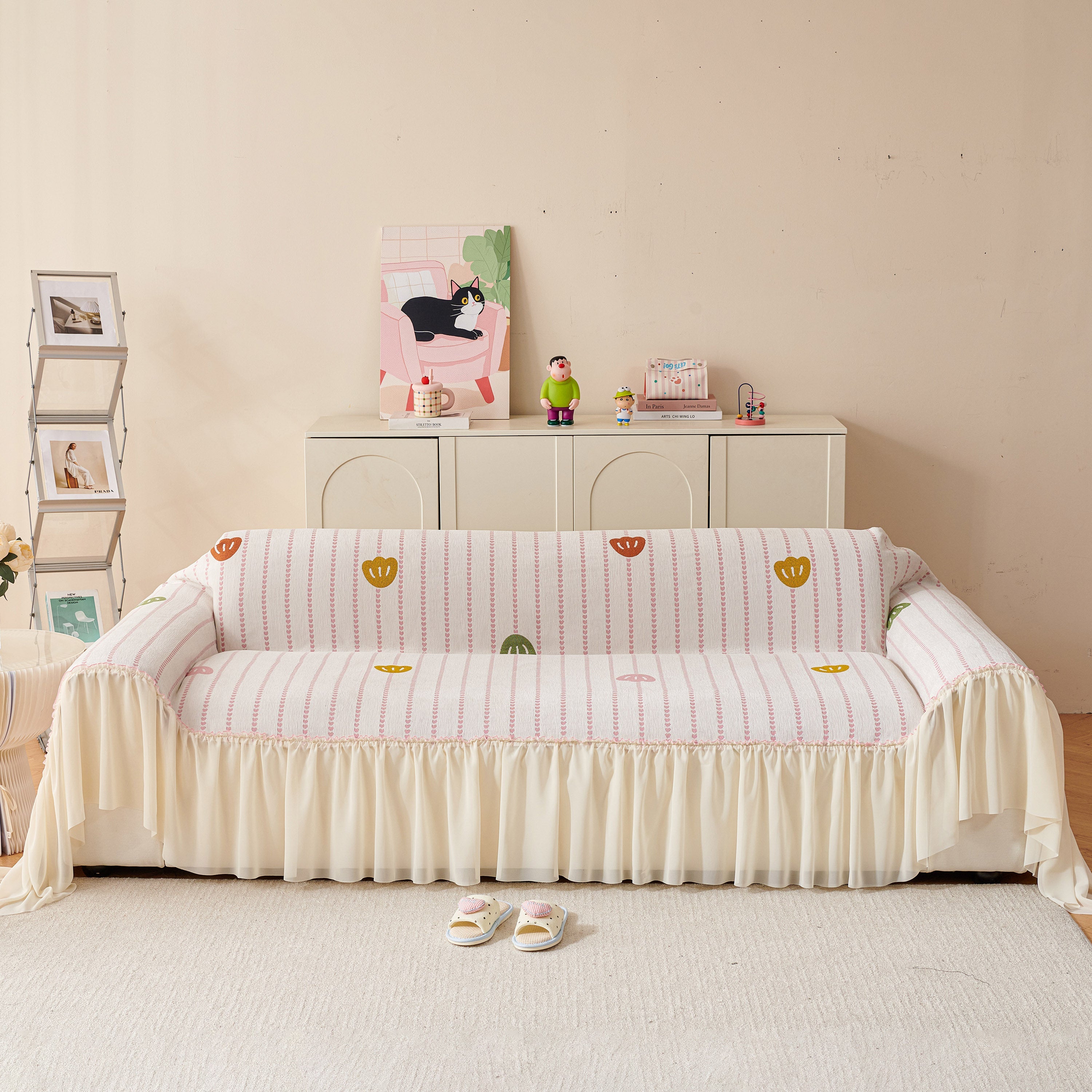 Cute Dotted Stripe Couch Protector, Non-Slip Washable Sofa Cover with Ruffled Skirt