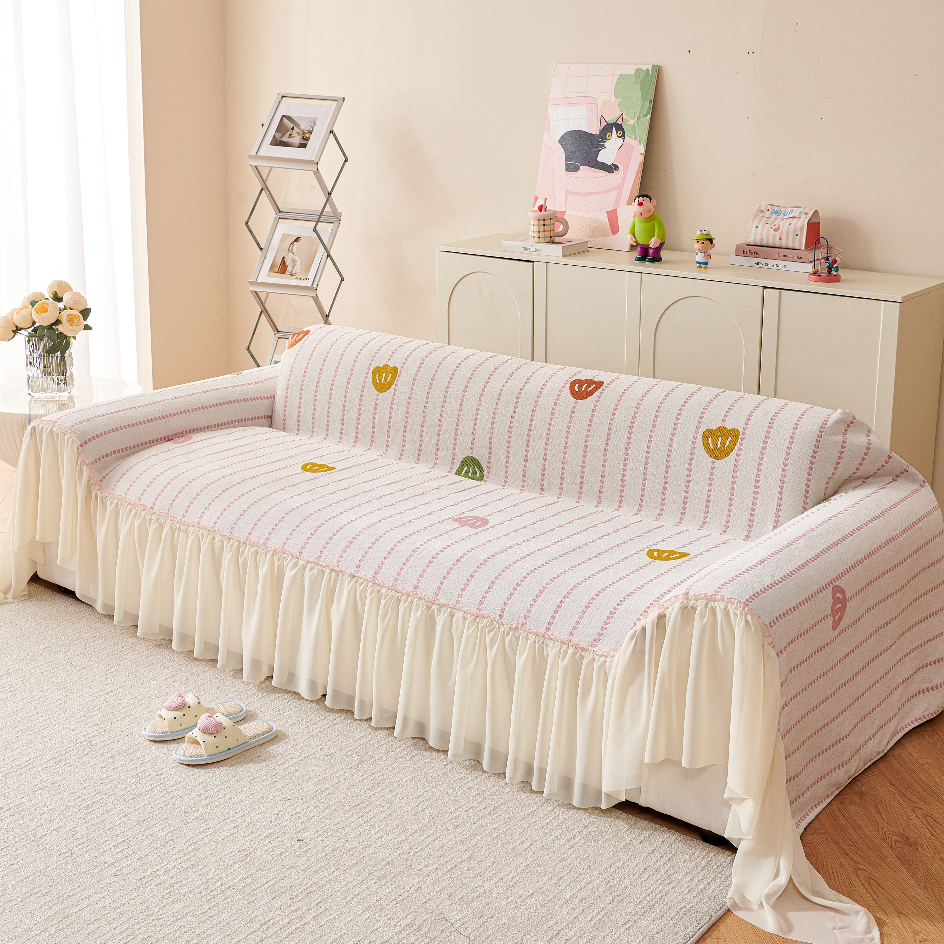 Cute Dotted Stripe Couch Protector, Non-Slip Washable Sofa Cover with Ruffled Skirt