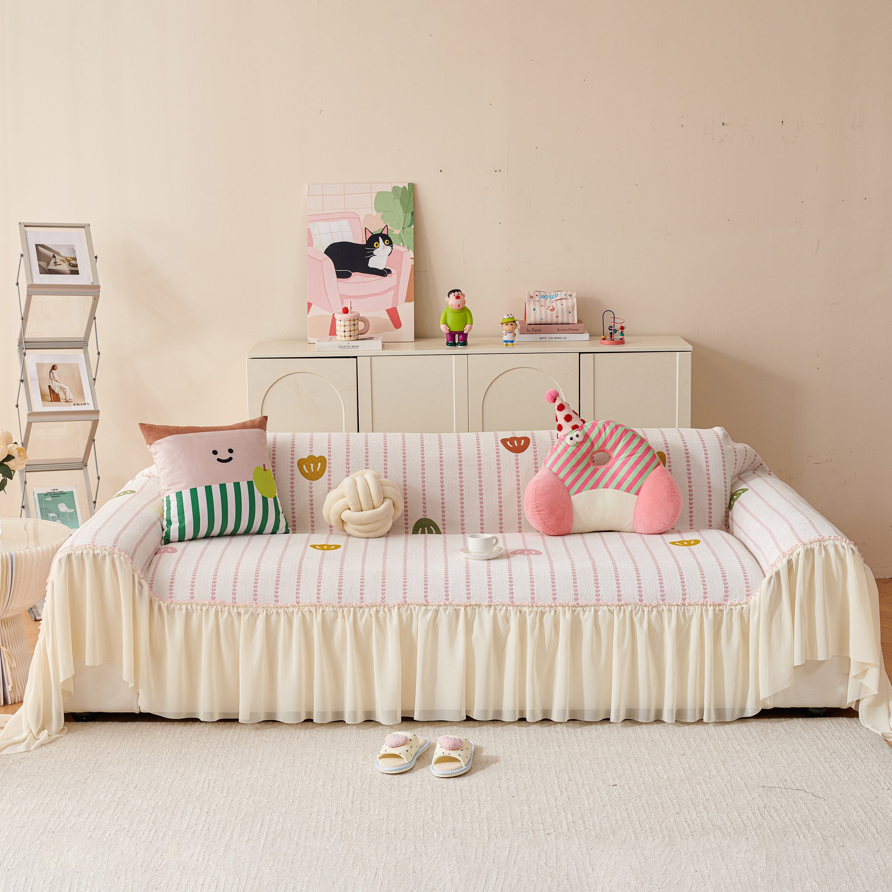 Cute Dotted Stripe Couch Protector, Non-Slip Washable Sofa Cover with Ruffled Skirt