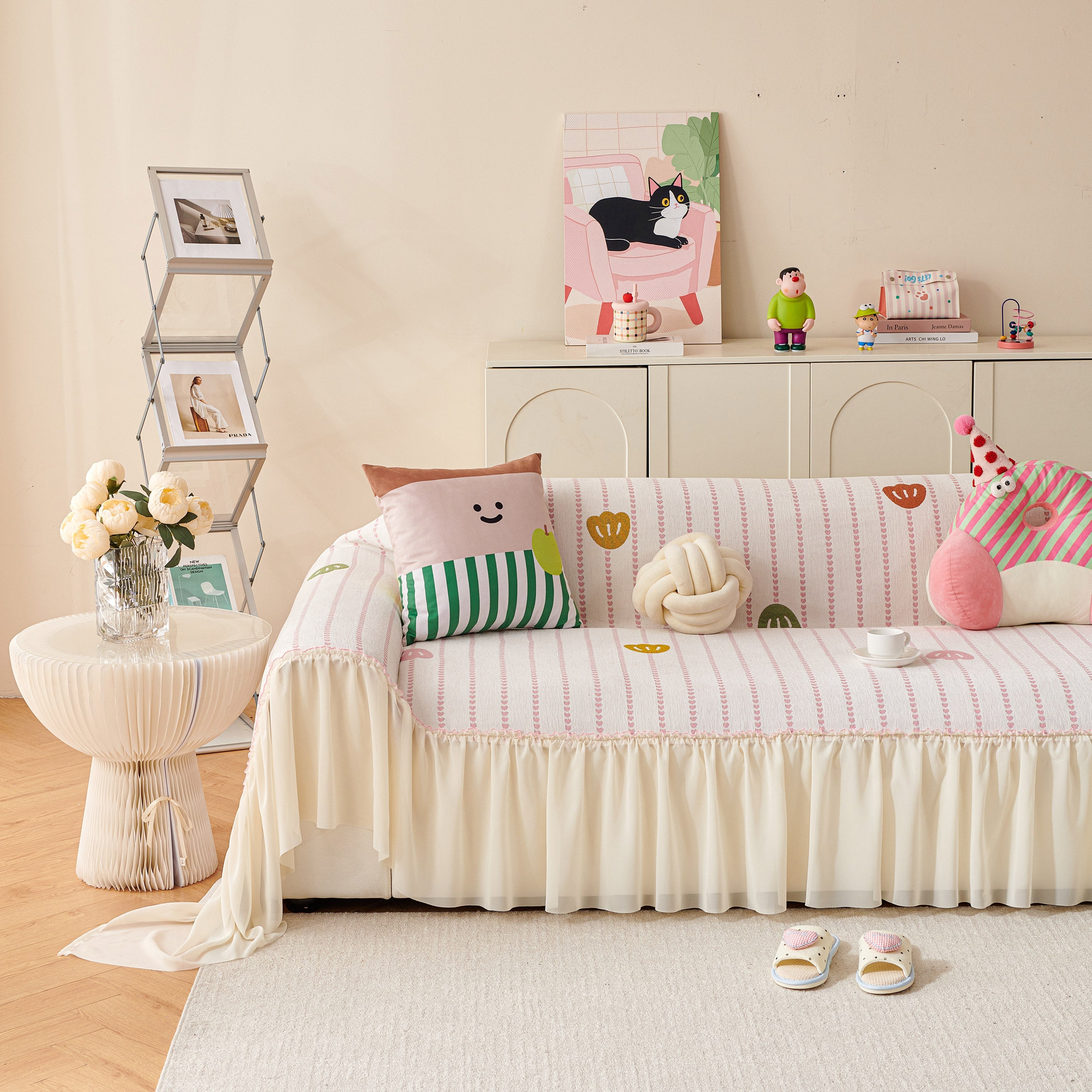 Cute Dotted Stripe Couch Protector, Non-Slip Washable Sofa Cover with Ruffled Skirt