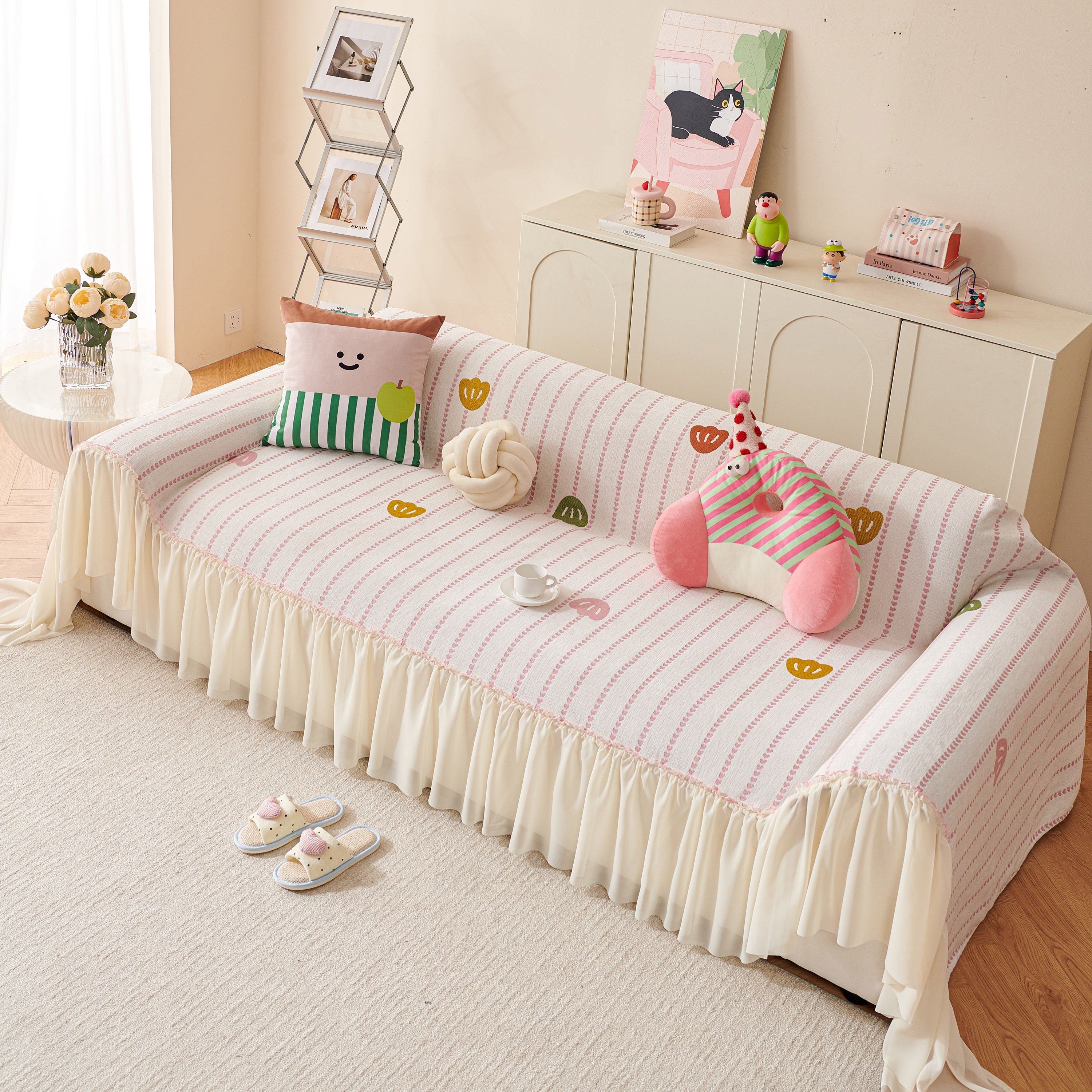 Cute Dotted Stripe Couch Protector, Non-Slip Washable Sofa Cover with Ruffled Skirt