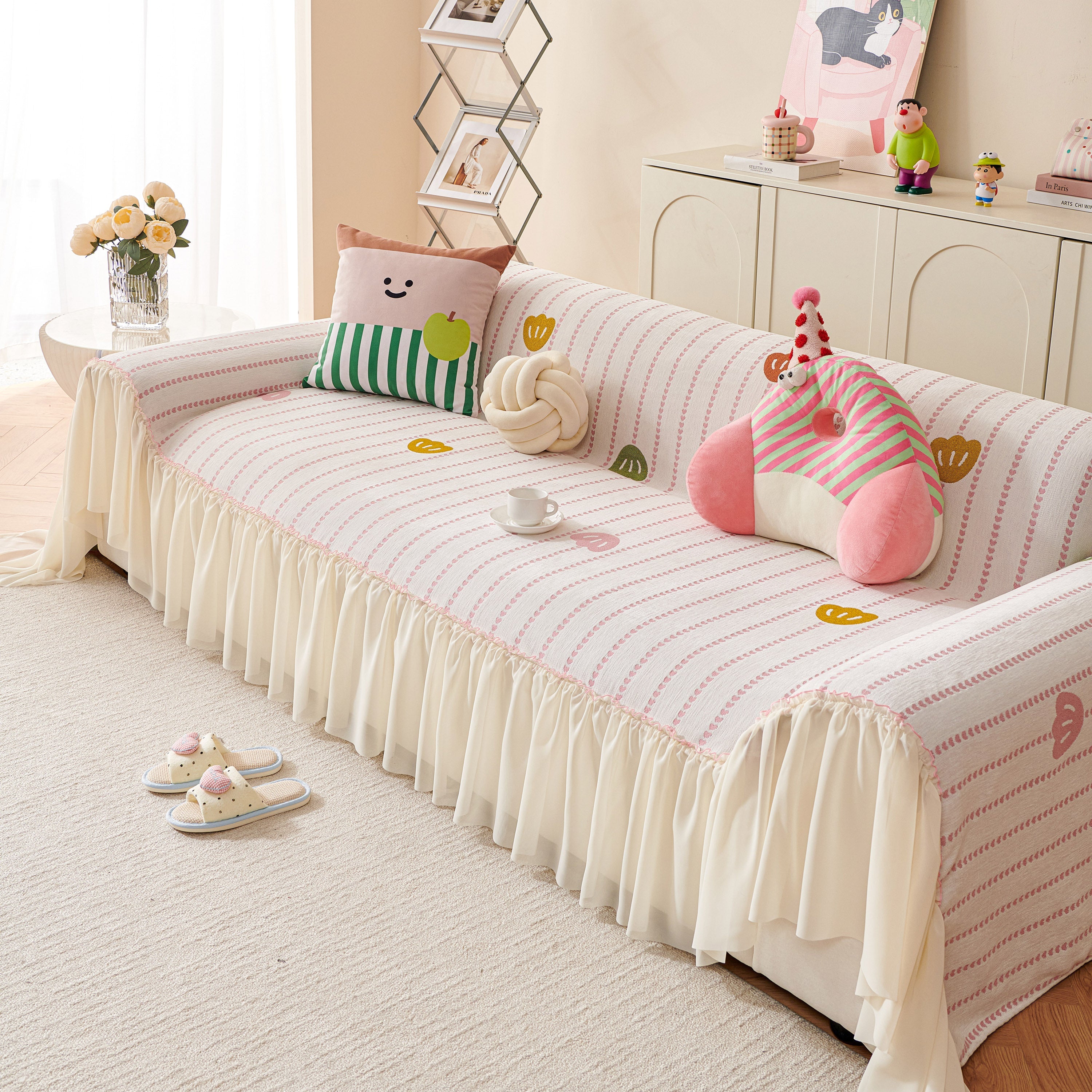 Cute Dotted Stripe Couch Protector, Non-Slip Washable Sofa Cover with Ruffled Skirt