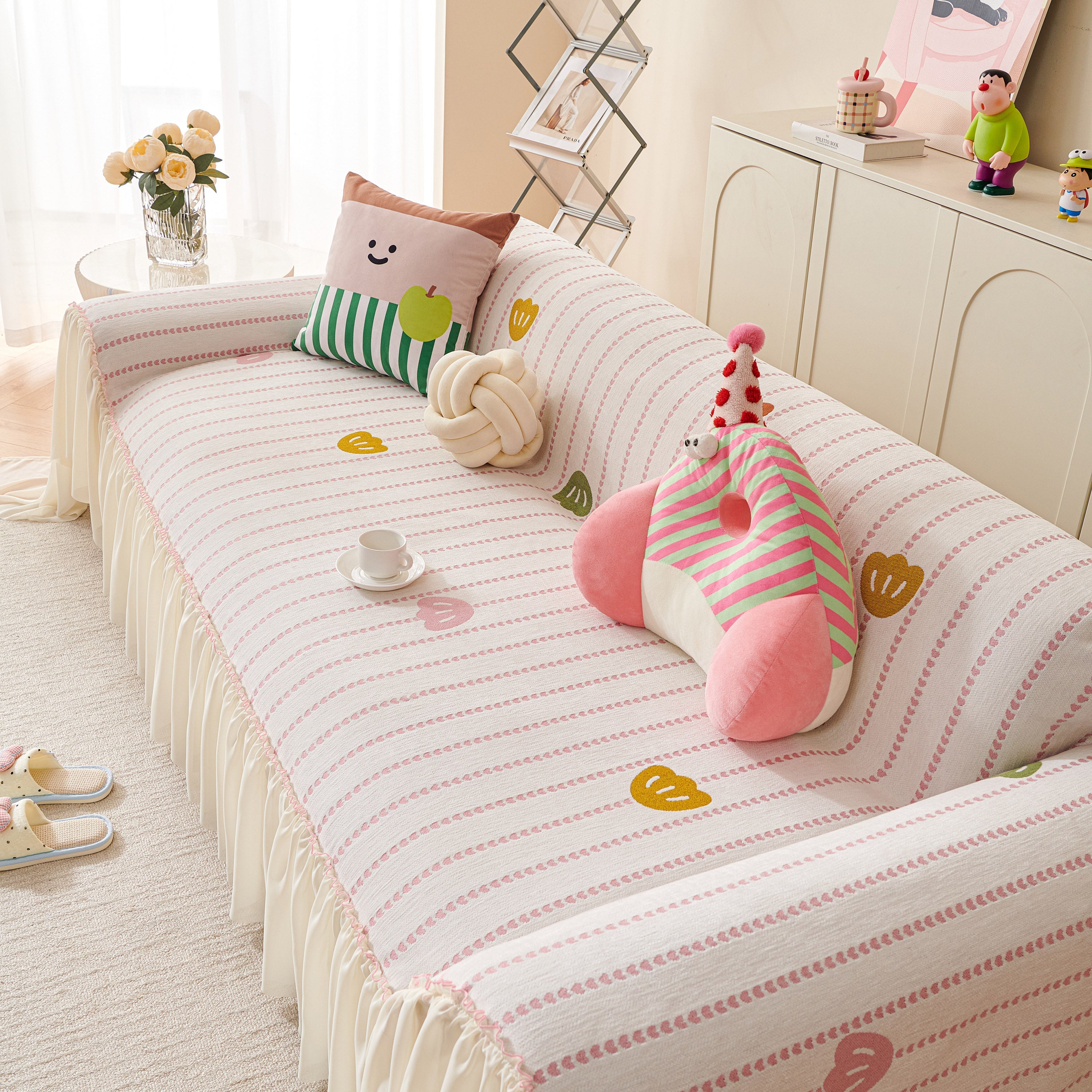 Cute Dotted Stripe Couch Protector, Non-Slip Washable Sofa Cover with Ruffled Skirt