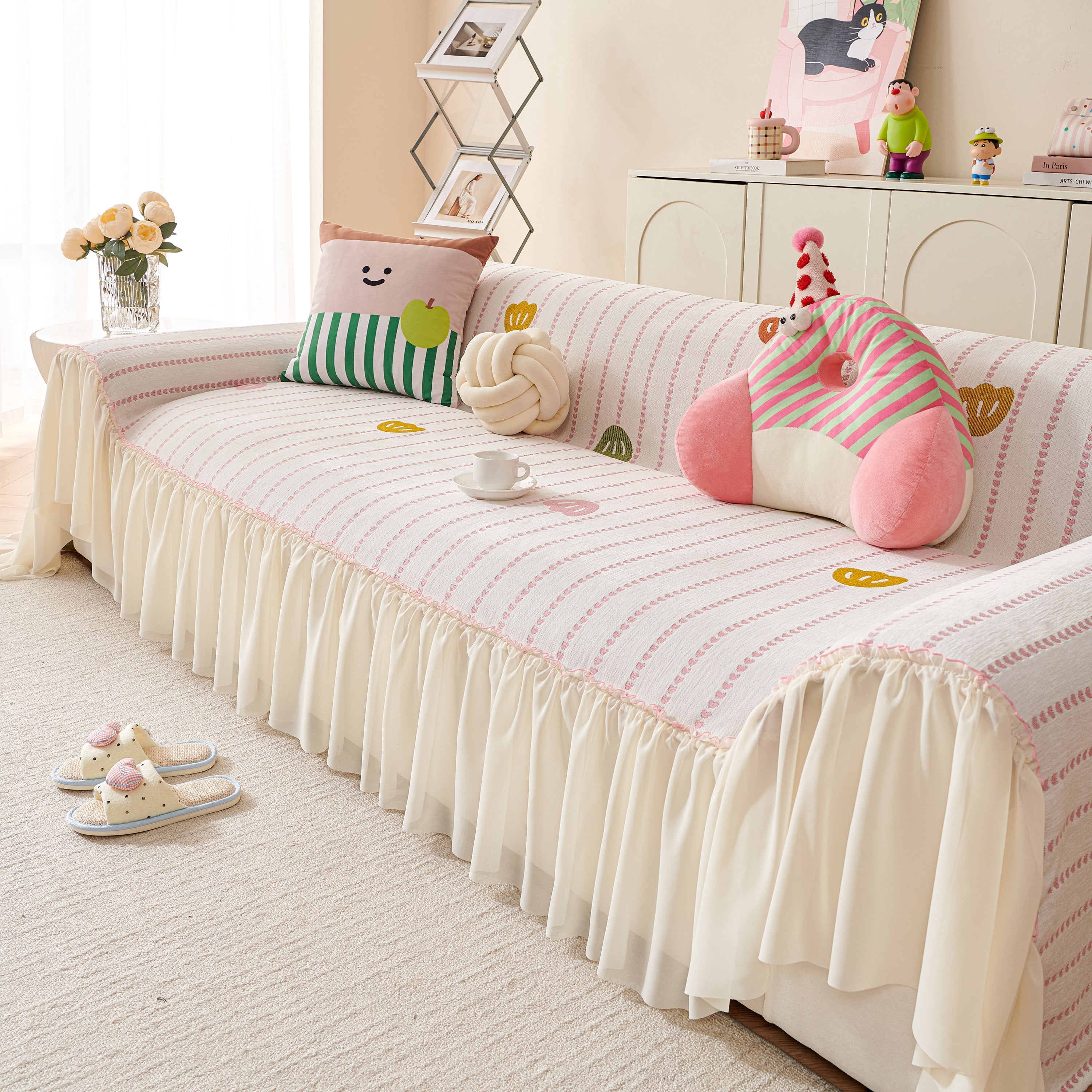 Cute Dotted Stripe Couch Protector, Non-Slip Washable Sofa Cover with Ruffled Skirt