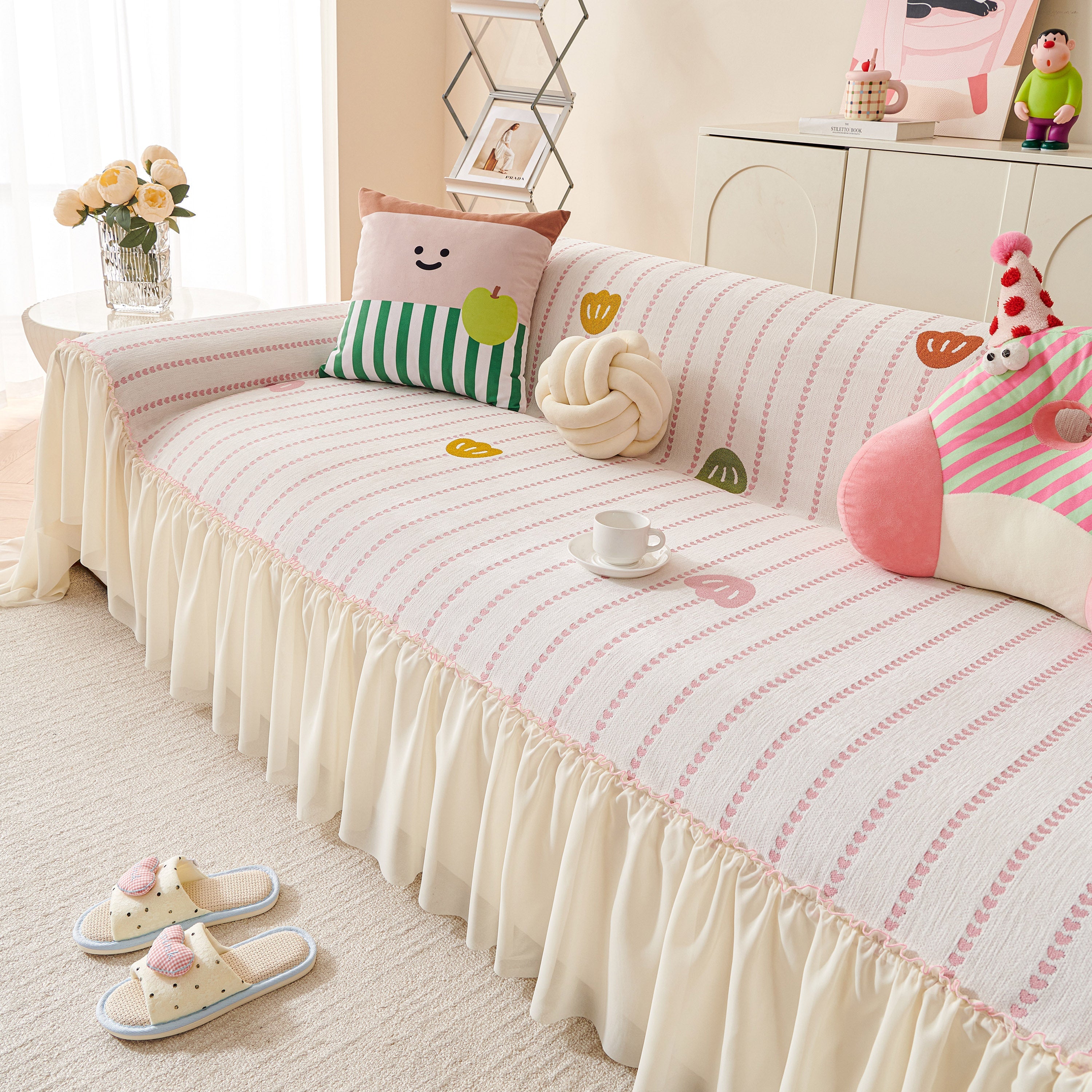 Cute Dotted Stripe Couch Protector, Non-Slip Washable Sofa Cover with Ruffled Skirt