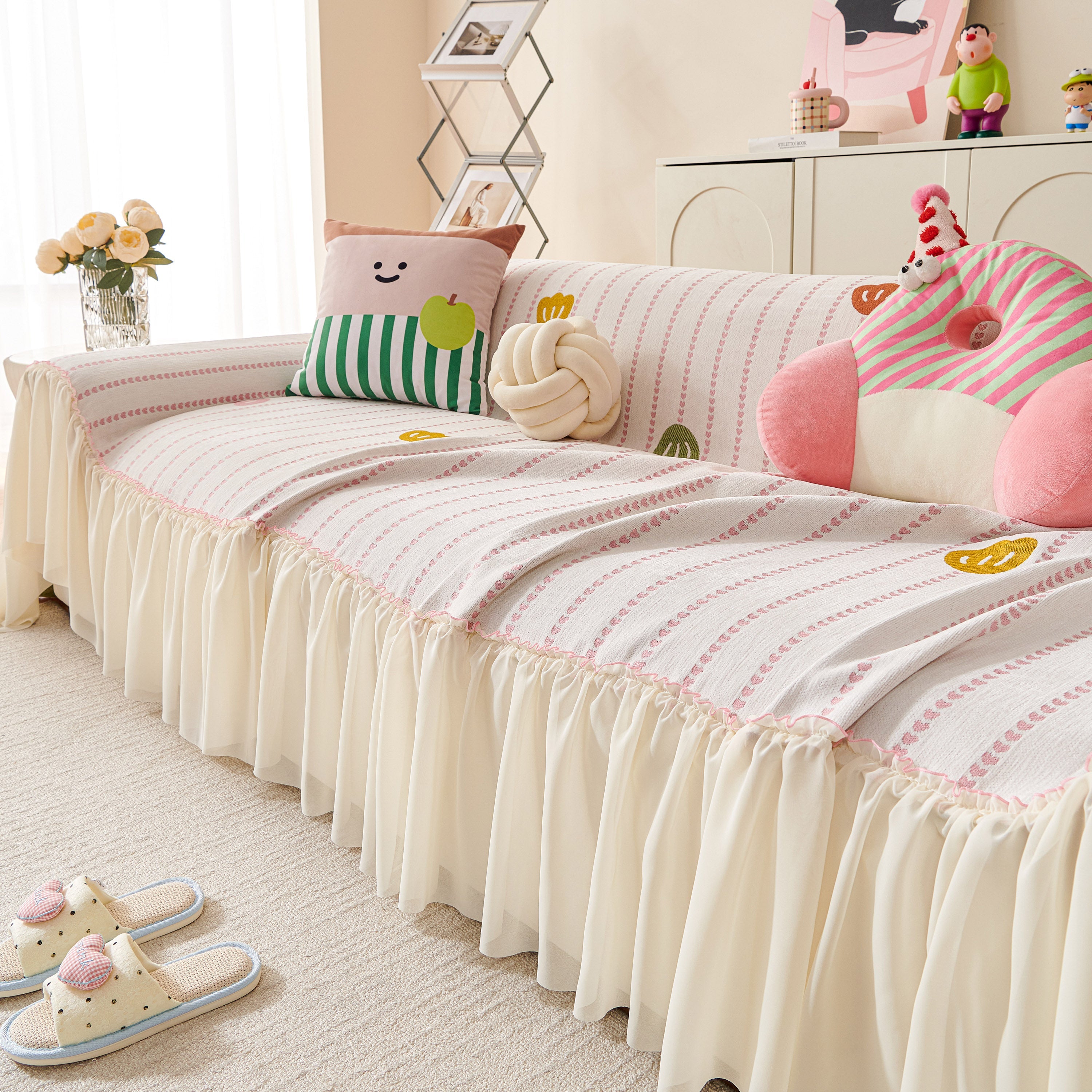 Cute Dotted Stripe Couch Protector, Non-Slip Washable Sofa Cover with Ruffled Skirt