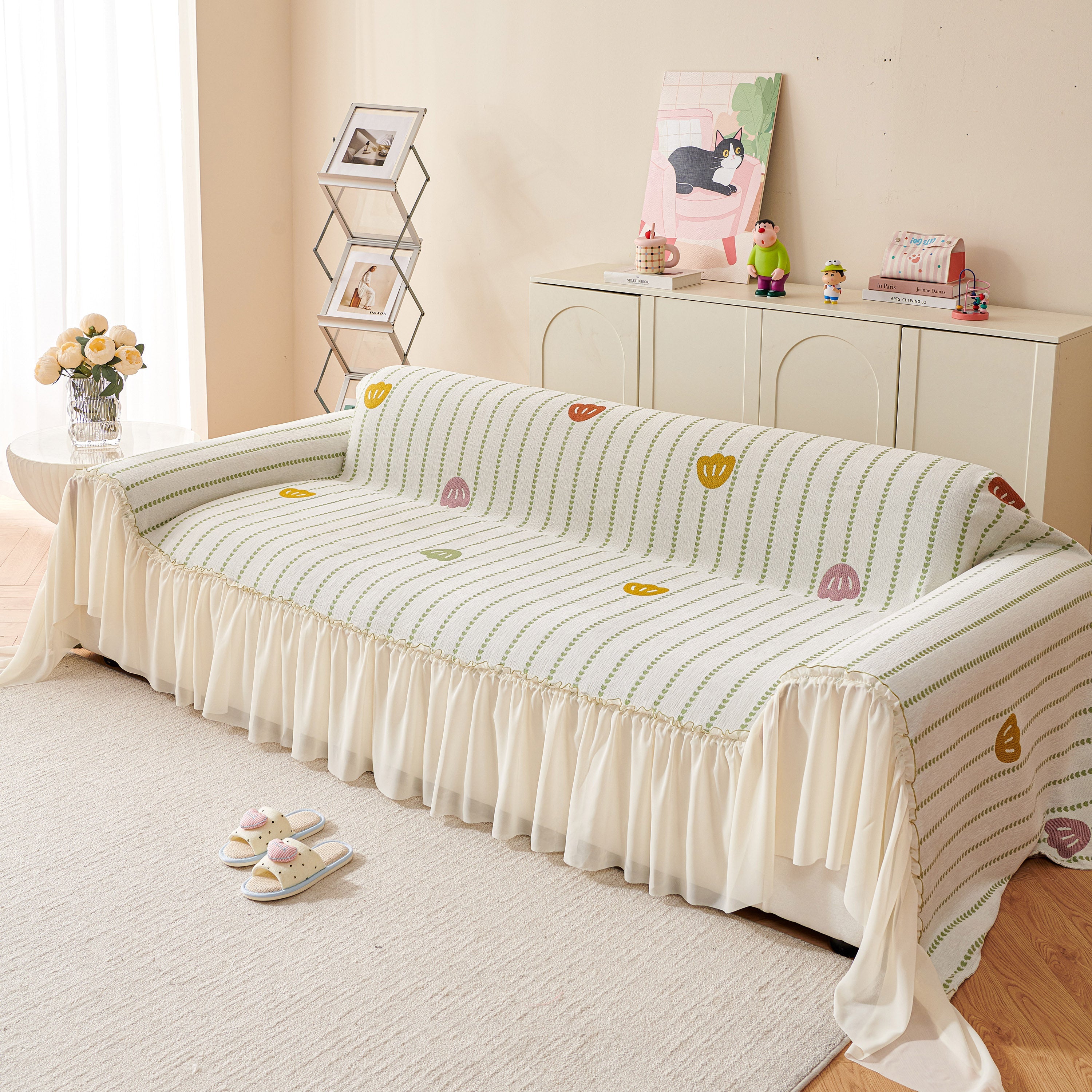 Cute Dotted Stripe Couch Protector, Non-Slip Washable Sofa Cover with Ruffled Skirt