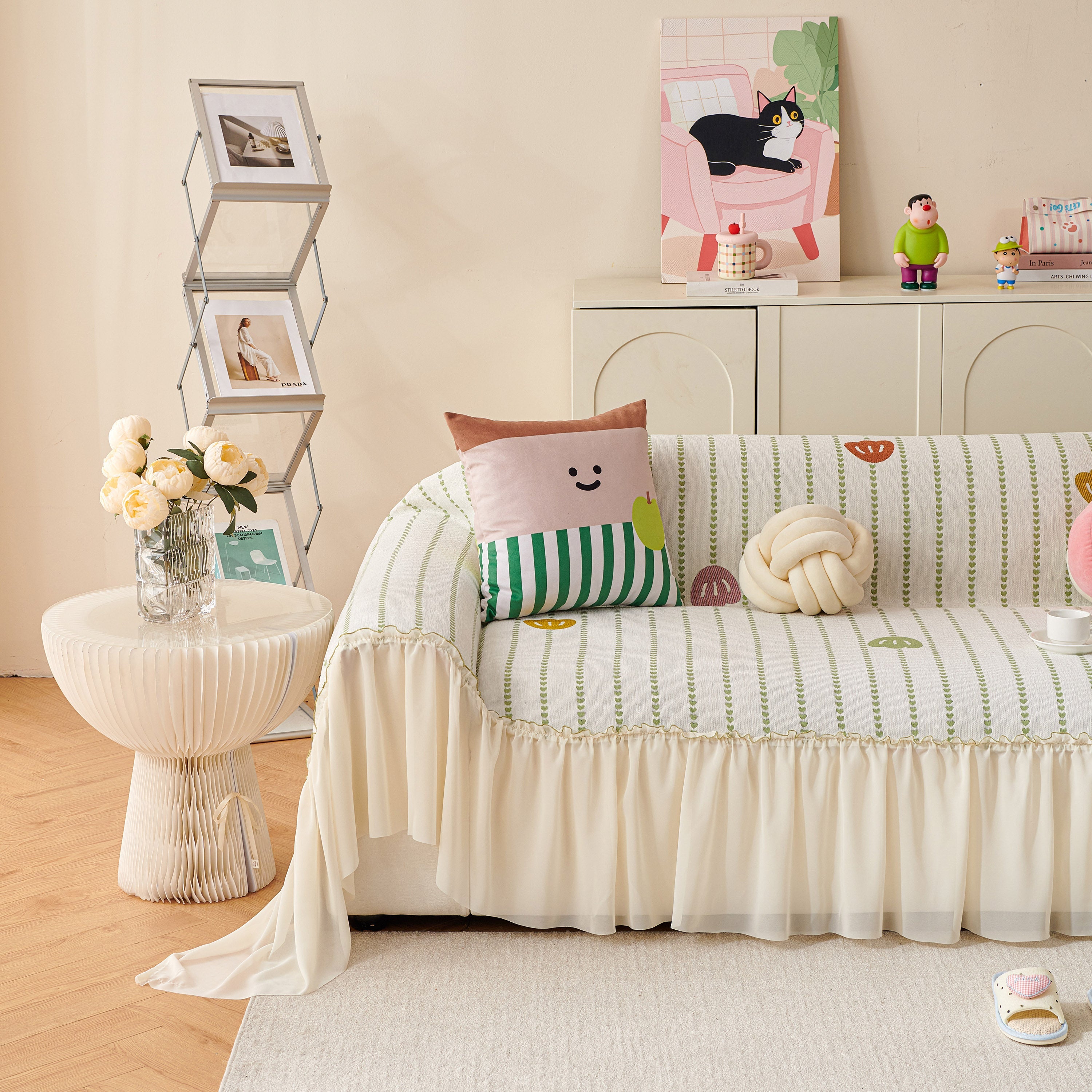 Cute Dotted Stripe Couch Protector, Non-Slip Washable Sofa Cover with Ruffled Skirt