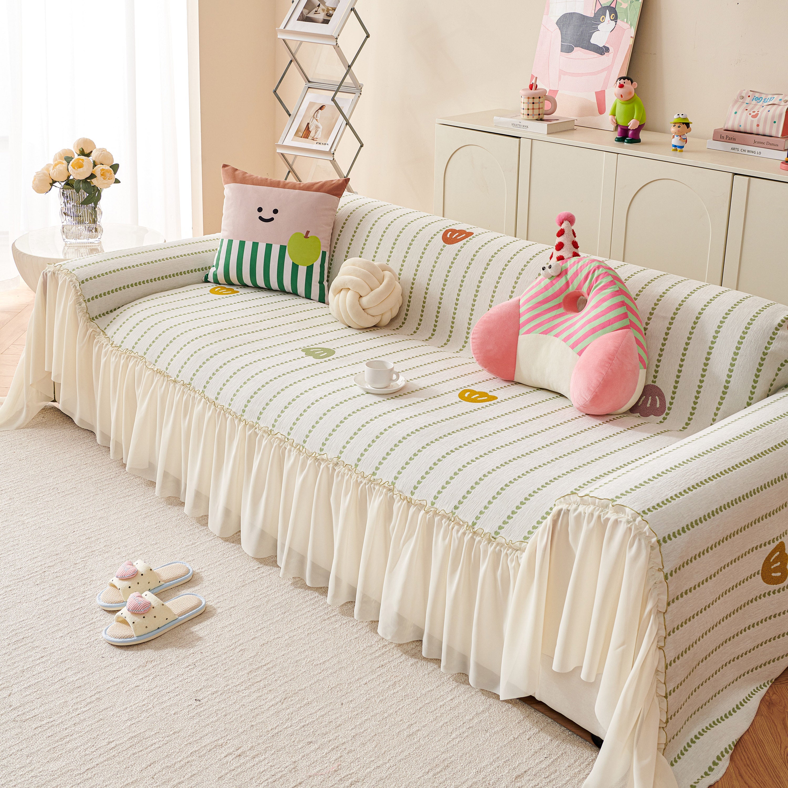Cute Dotted Stripe Couch Protector, Non-Slip Washable Sofa Cover with Ruffled Skirt