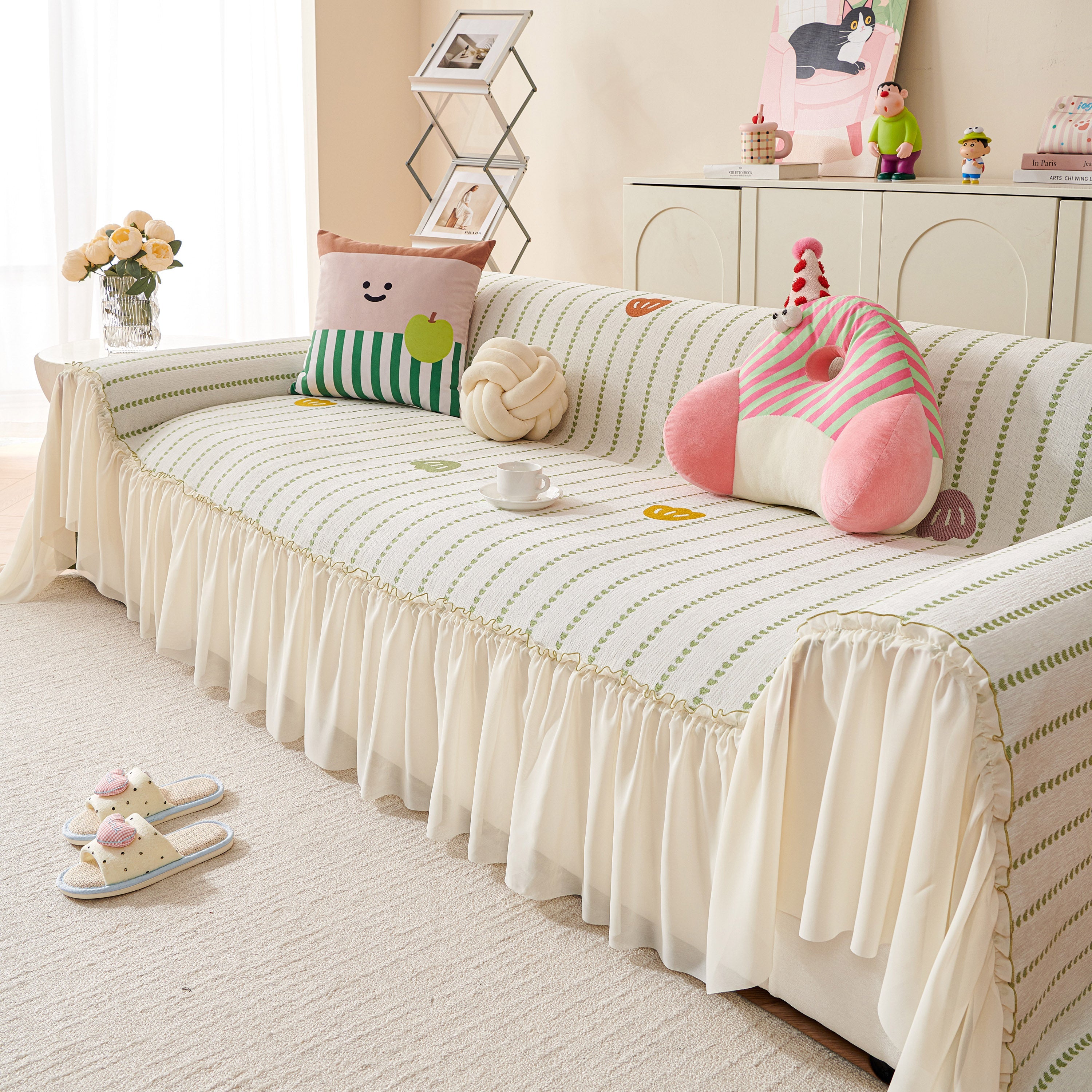 Cute Dotted Stripe Couch Protector, Non-Slip Washable Sofa Cover with Ruffled Skirt