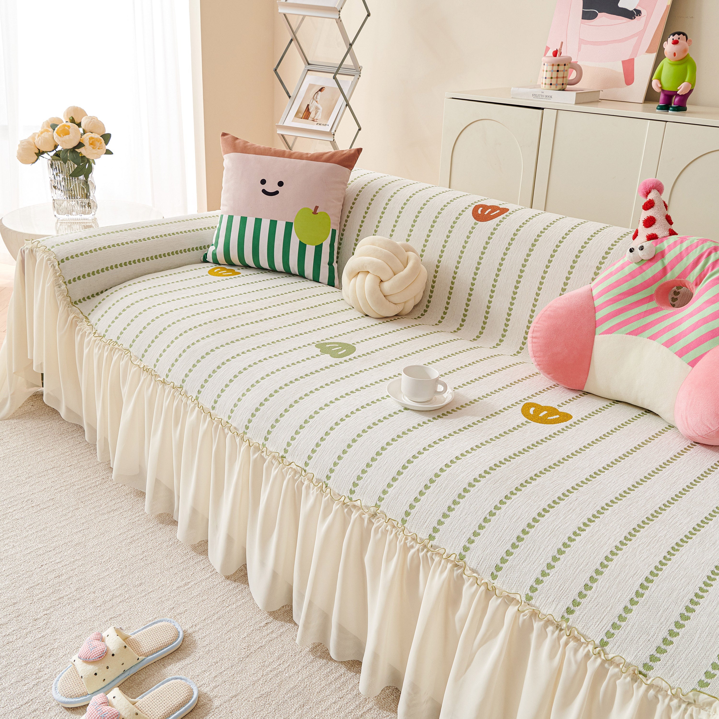 Cute Dotted Stripe Couch Protector, Non-Slip Washable Sofa Cover with Ruffled Skirt