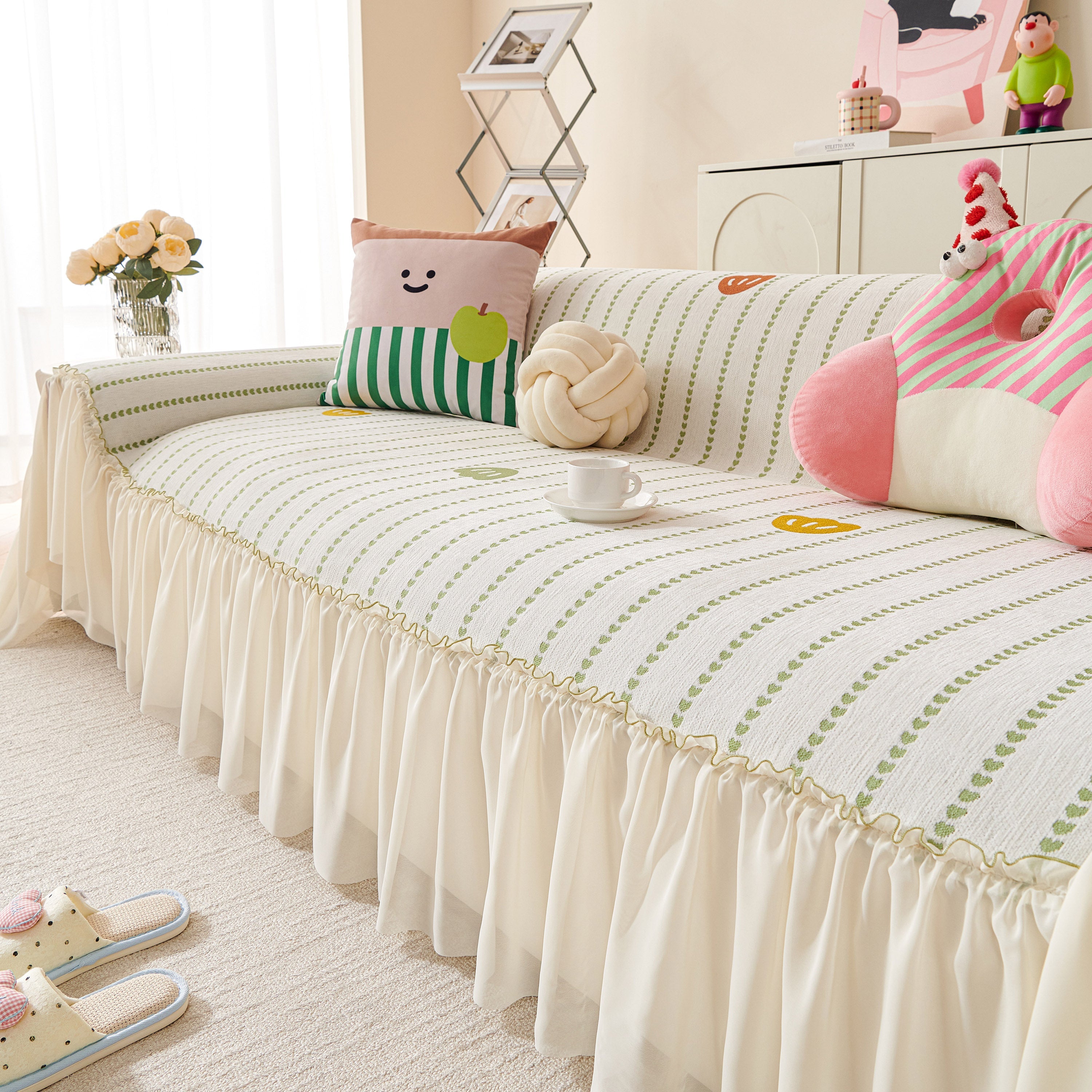 Cute Dotted Stripe Couch Protector, Non-Slip Washable Sofa Cover with Ruffled Skirt