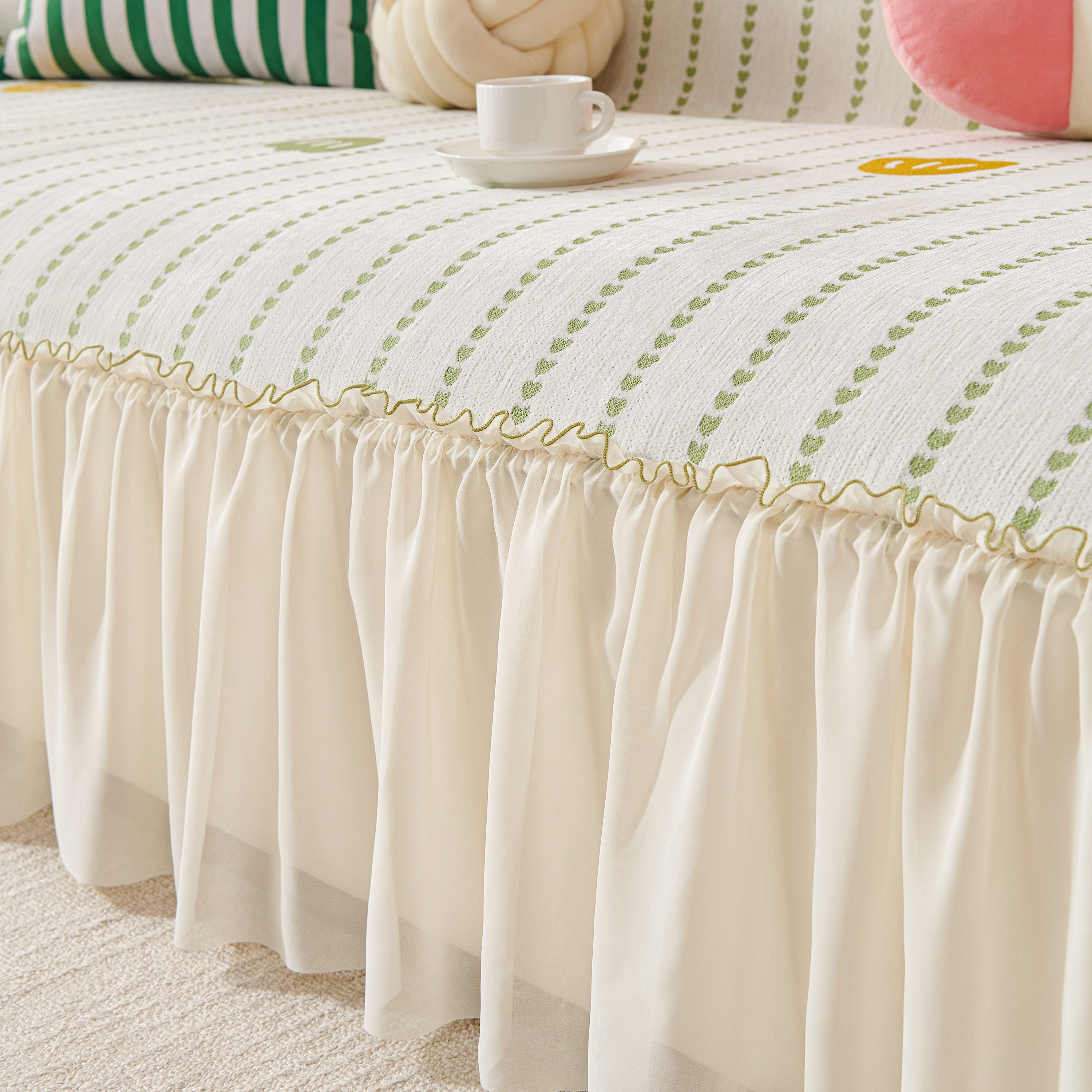 Cute Dotted Stripe Couch Protector, Non-Slip Washable Sofa Cover with Ruffled Skirt