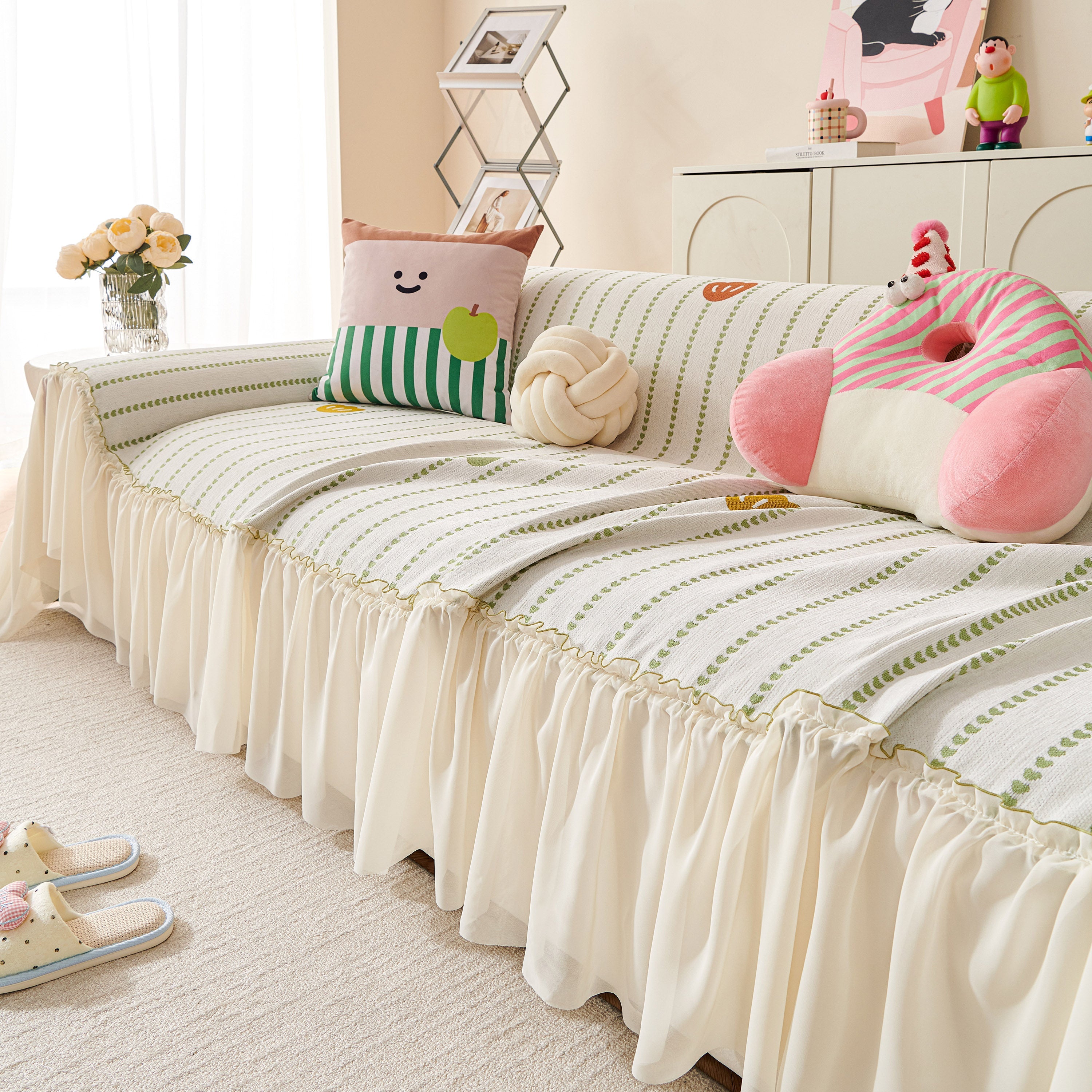 Cute Dotted Stripe Couch Protector, Non-Slip Washable Sofa Cover with Ruffled Skirt