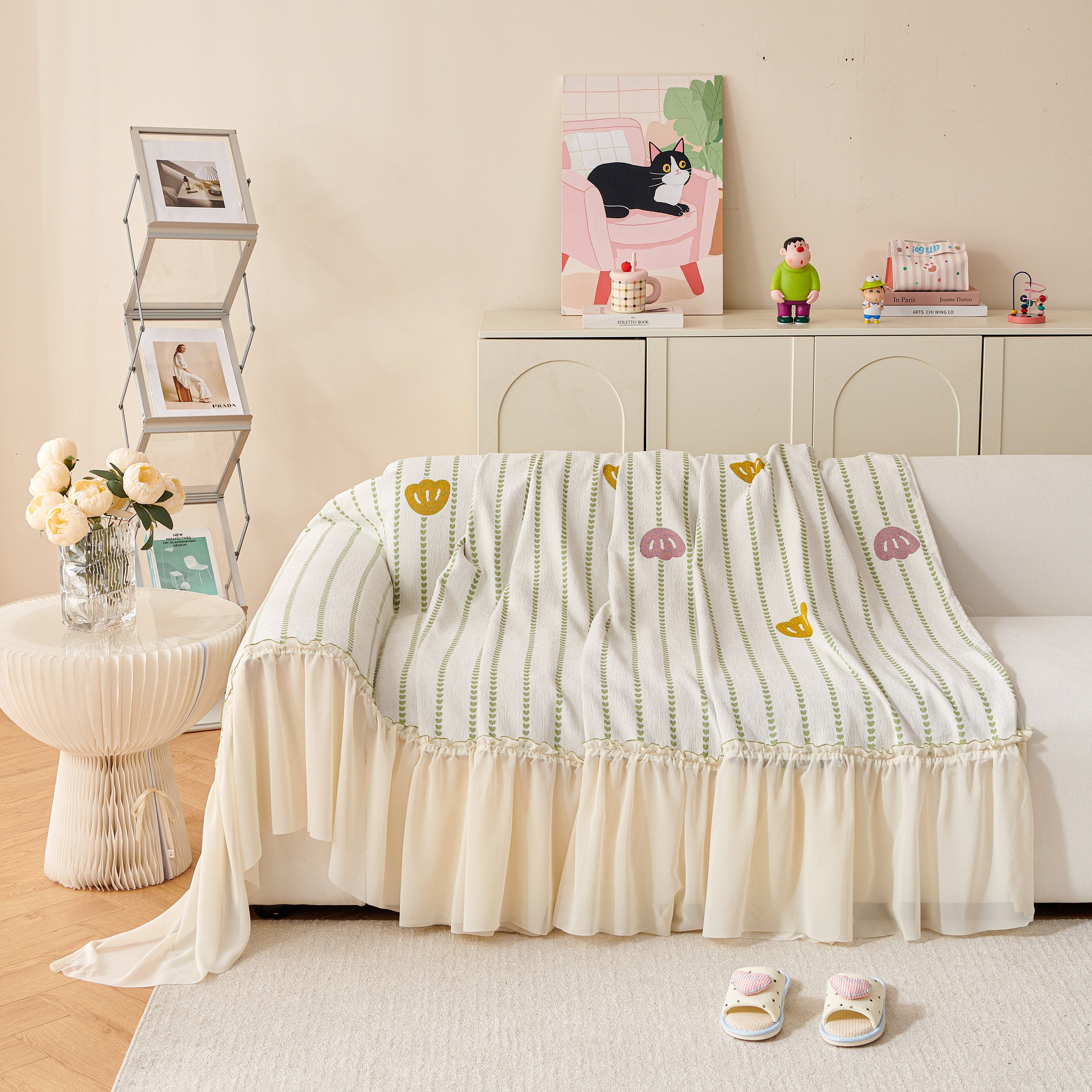 Cute Dotted Stripe Couch Protector, Non-Slip Washable Sofa Cover with Ruffled Skirt