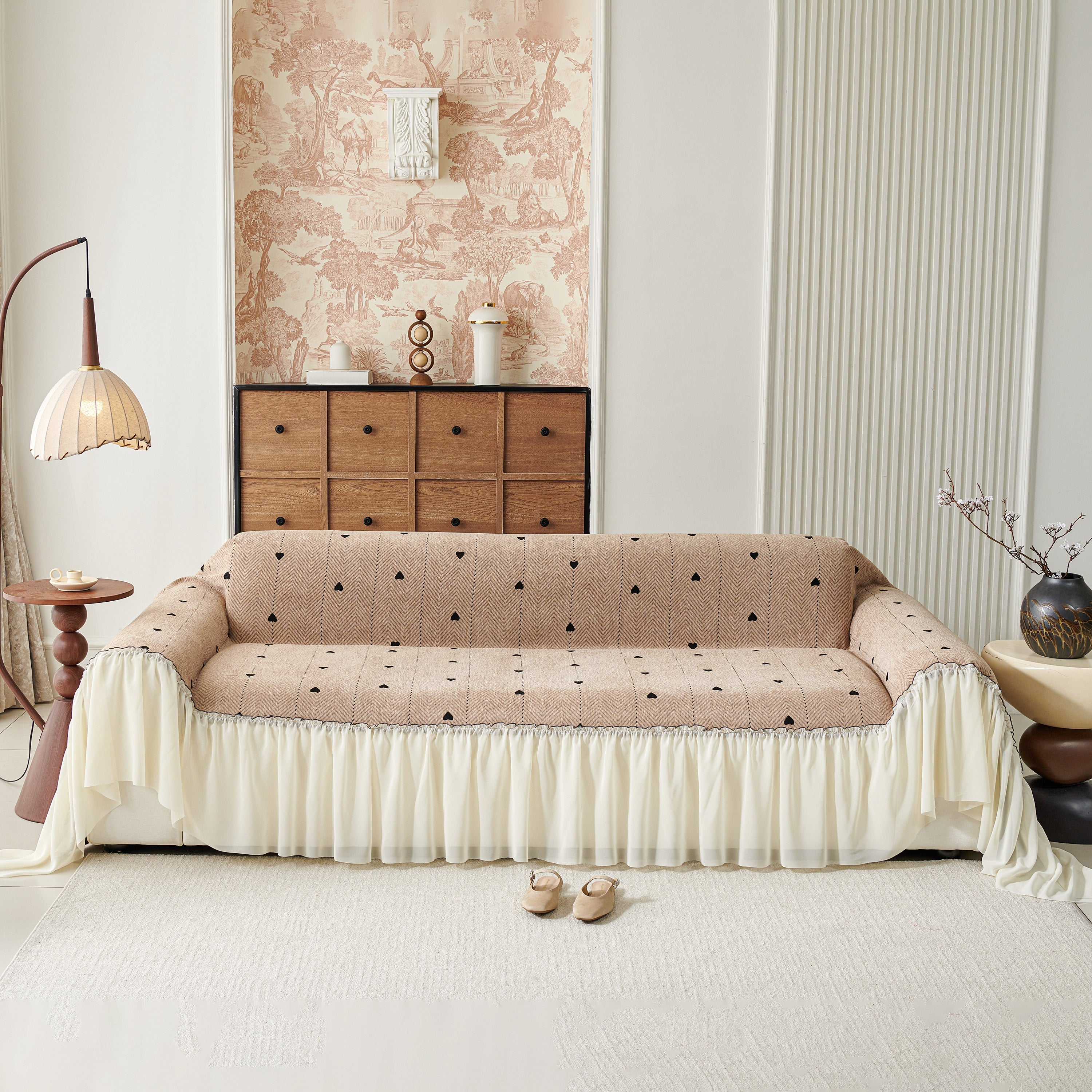 Cottagecore Ruffled Sofa Slipcover, Shabby Chic Couch Protector Cover for Living Room