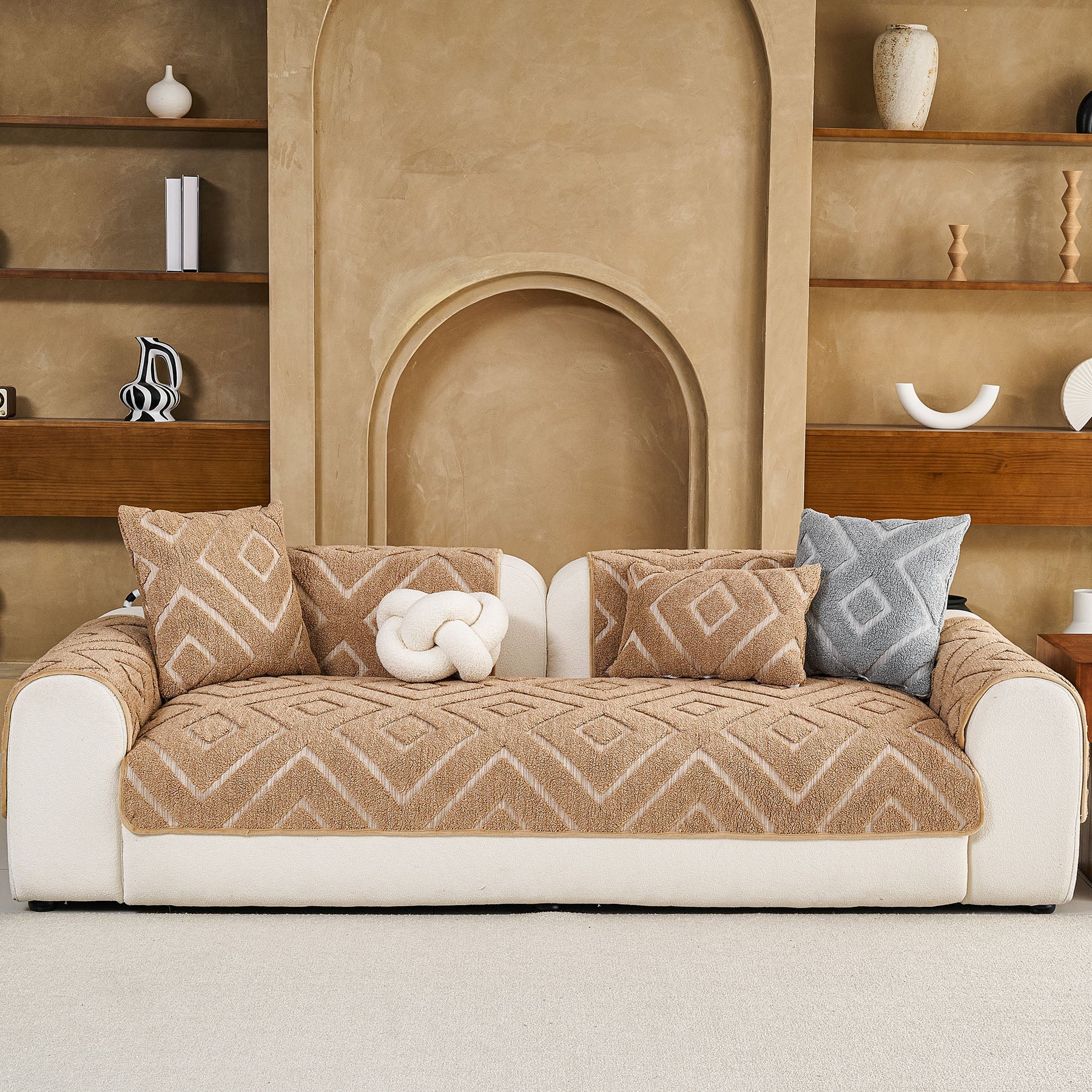 Thick Sherpa Sofa Protector Cover, Warm Plush Couch Cover for Seat, Backrest & Armrest