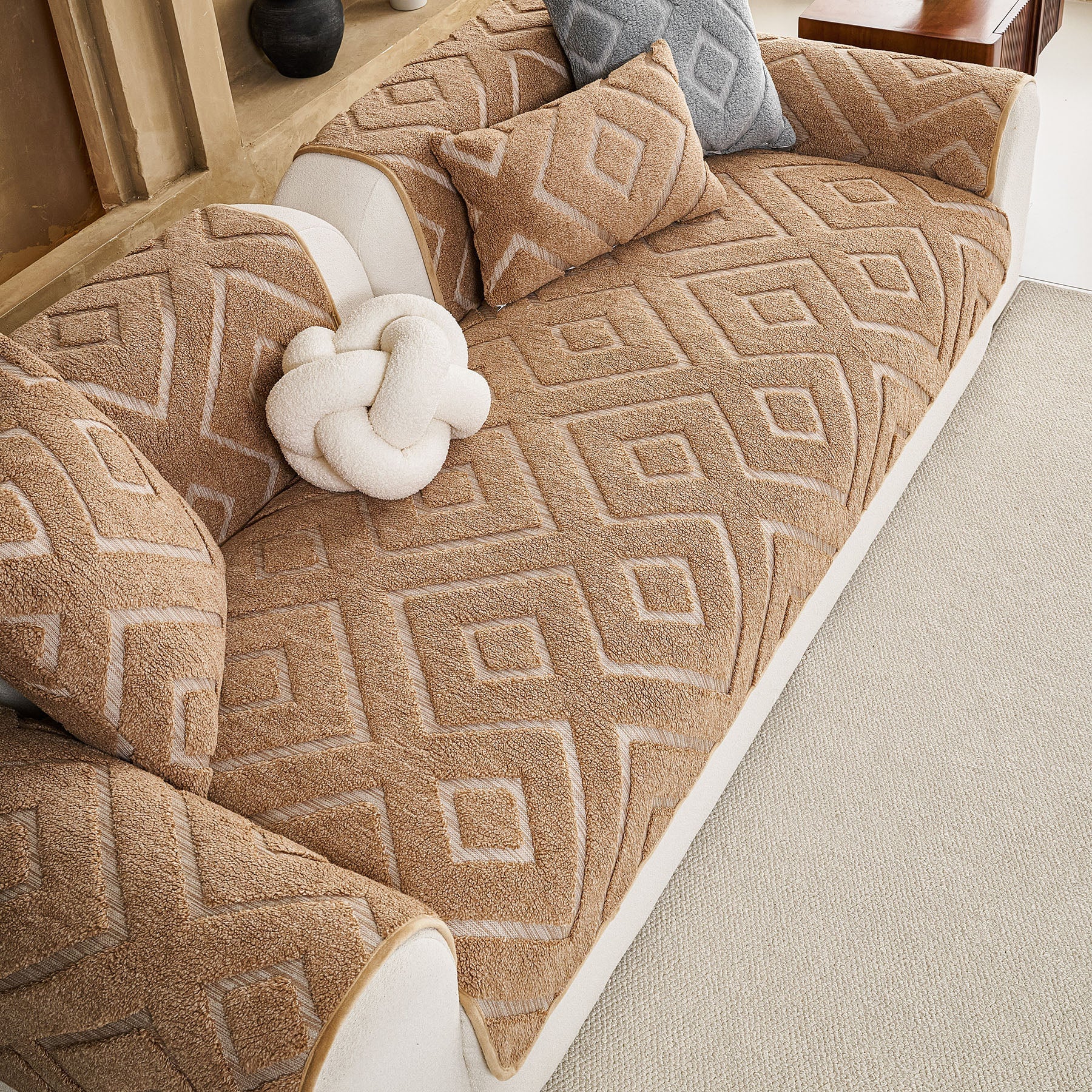 Thick Sherpa Sofa Protector Cover, Warm Plush Couch Cover for Seat, Backrest & Armrest