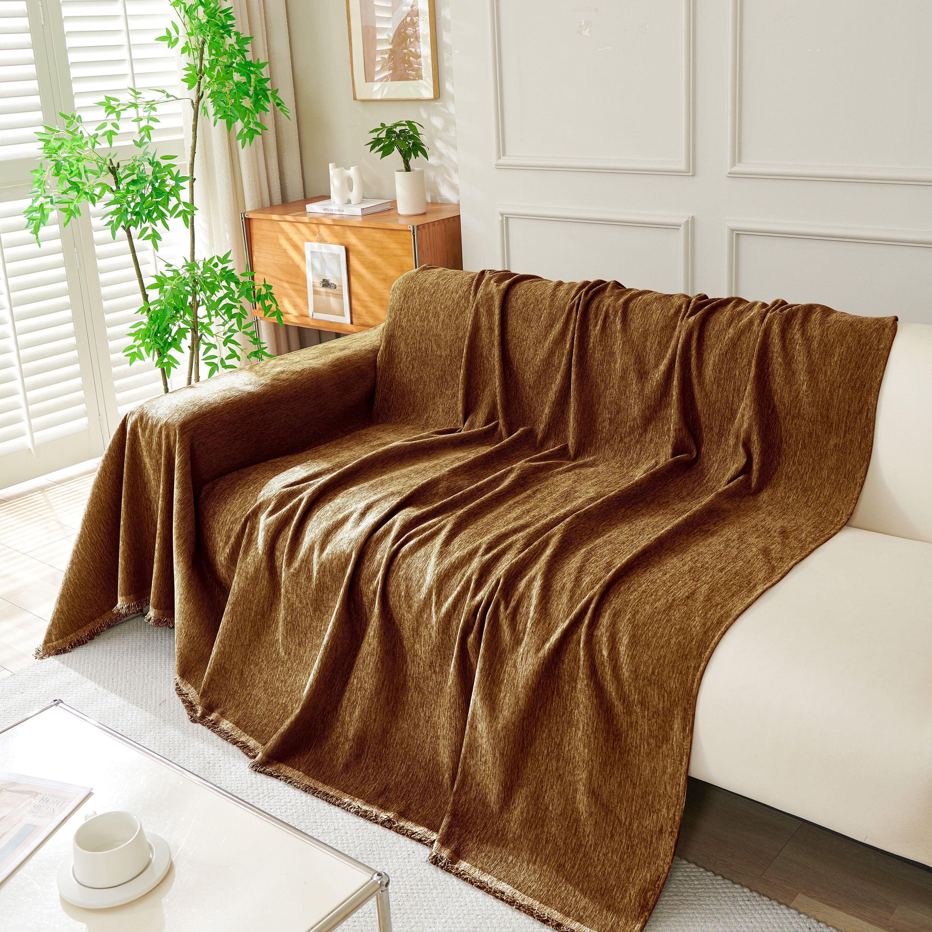 Solid Color Chenille Sofa Throw Blanket, Soft & Plush Decorative Couch Throw Cover