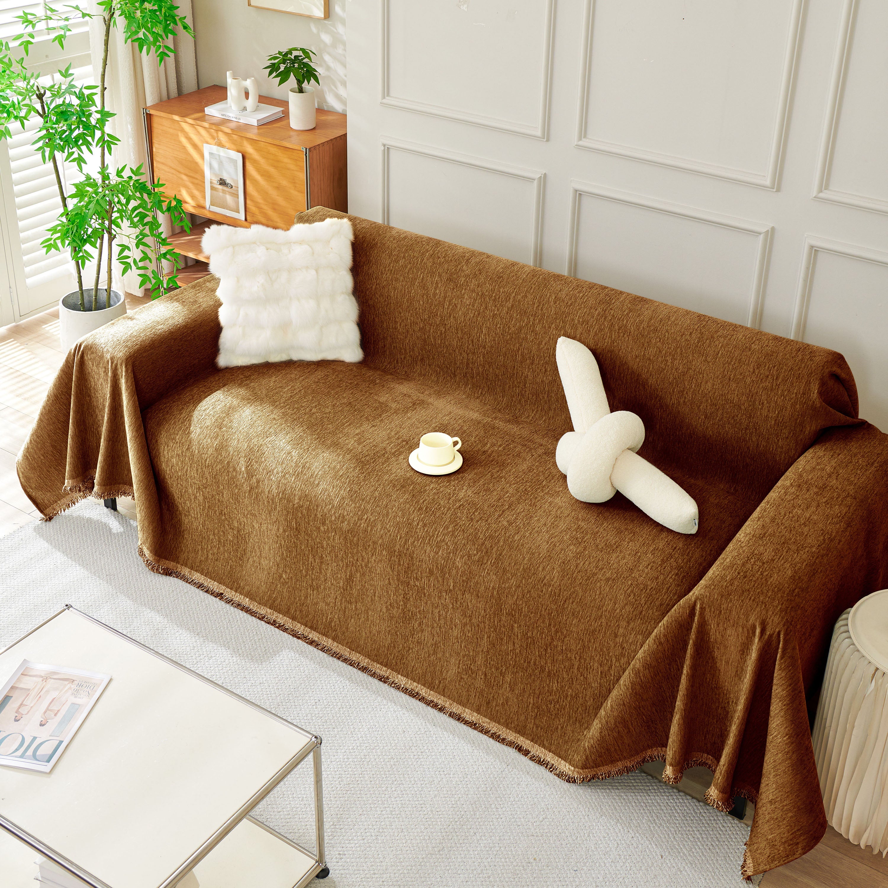 Solid Color Chenille Sofa Throw Blanket, Soft & Plush Decorative Couch Throw Cover