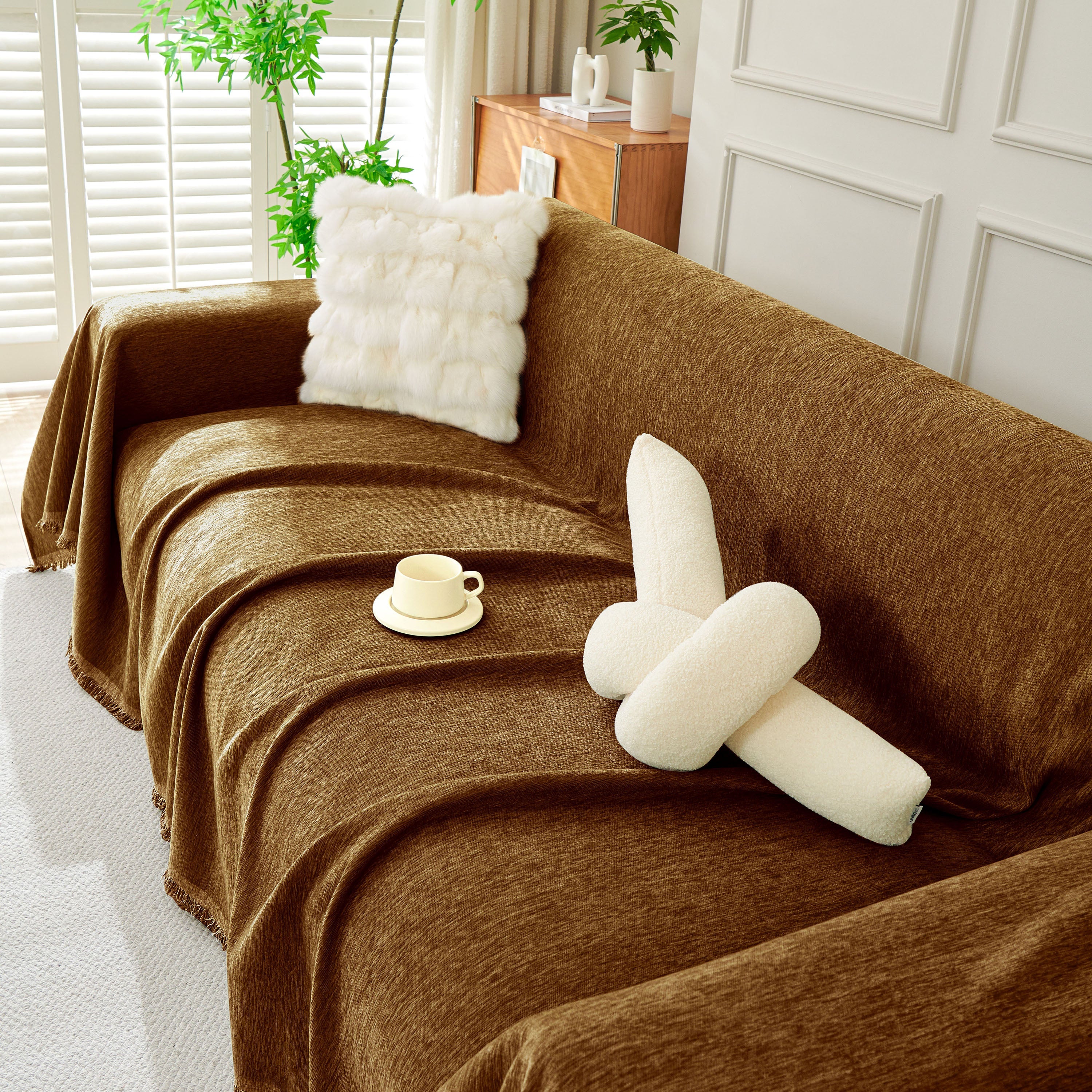 Solid Color Chenille Sofa Throw Blanket, Soft & Plush Decorative Couch Throw Cover