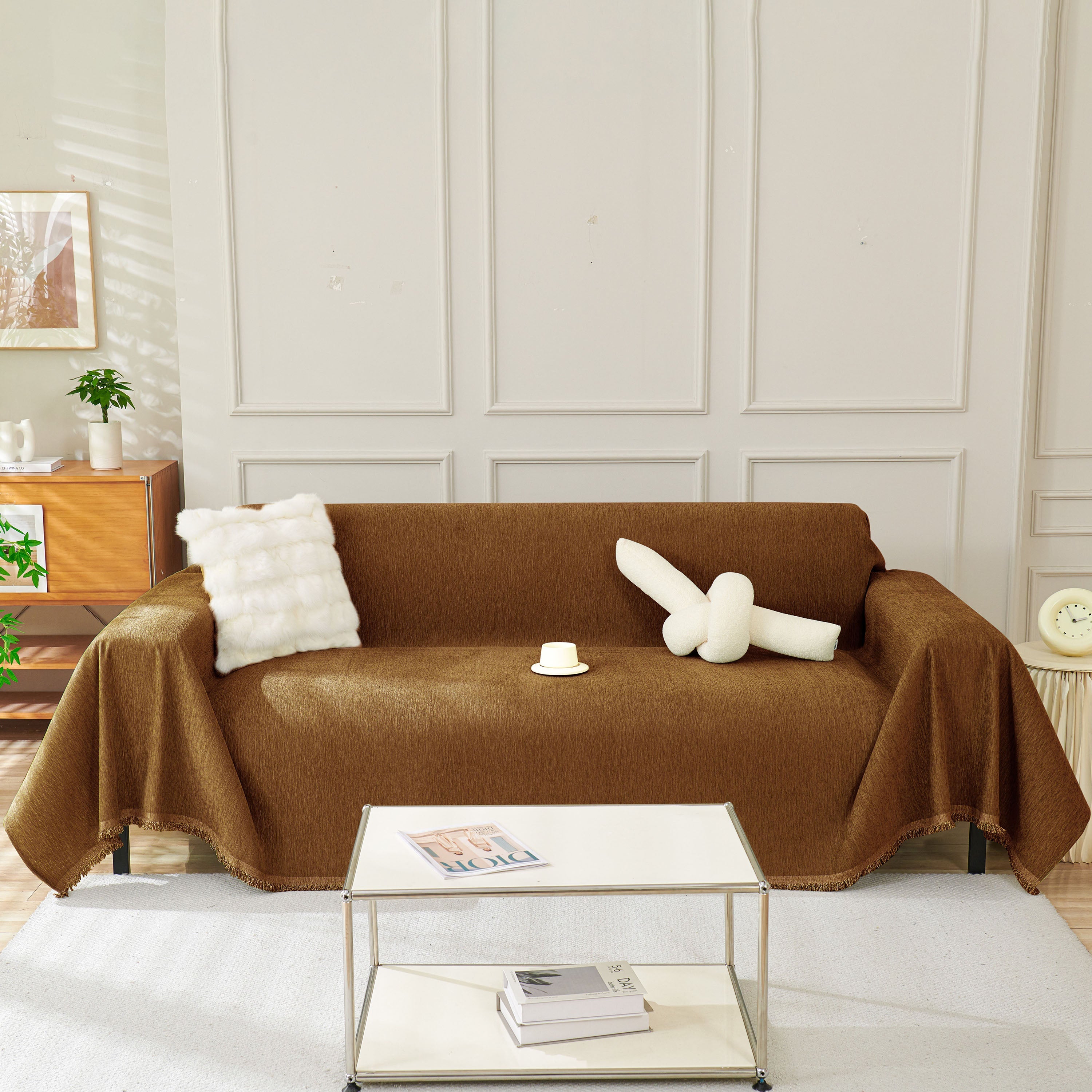 Solid Color Chenille Sofa Throw Blanket, Soft & Plush Decorative Couch Throw Cover