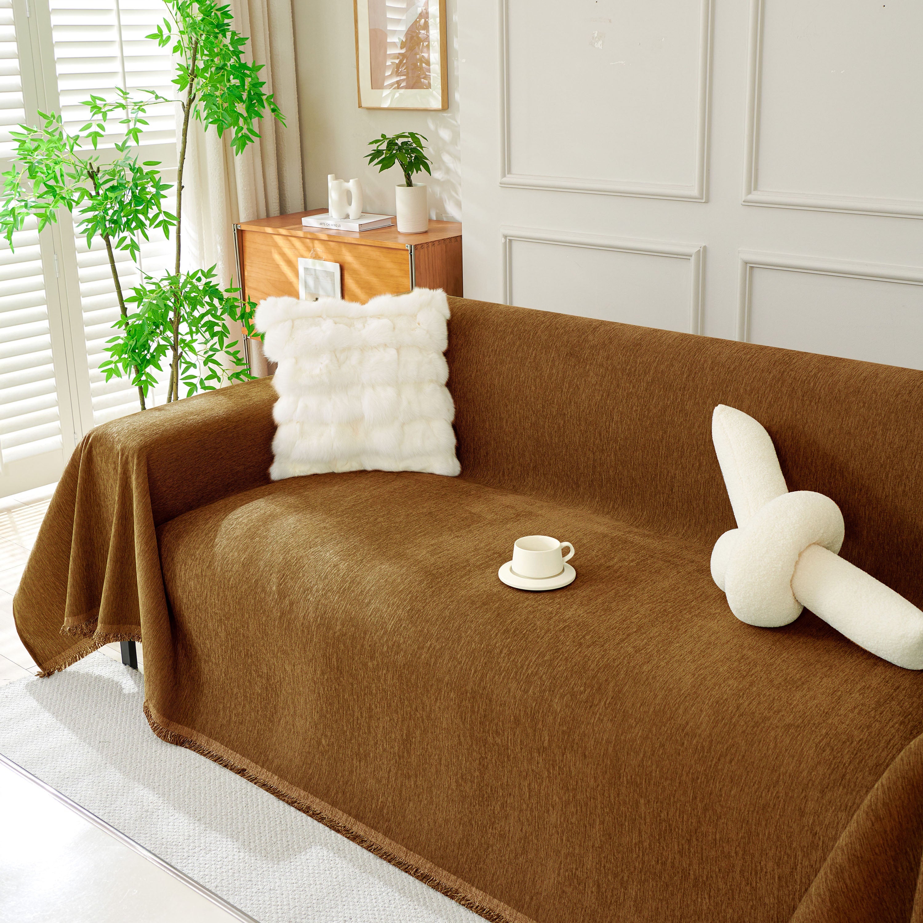 Solid Color Chenille Sofa Throw Blanket, Soft & Plush Decorative Couch Throw Cover