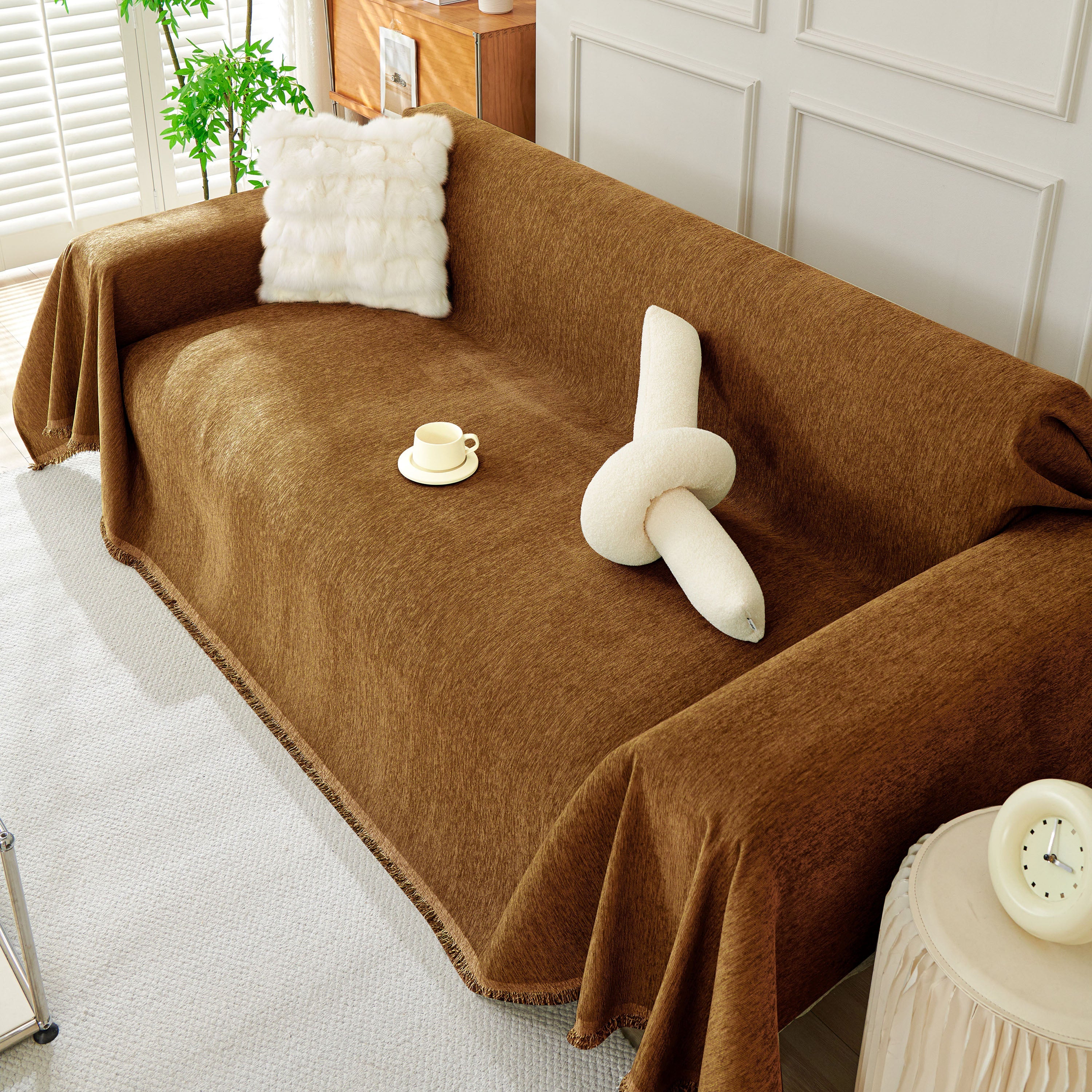 Solid Color Chenille Sofa Throw Blanket, Soft & Plush Decorative Couch Throw Cover