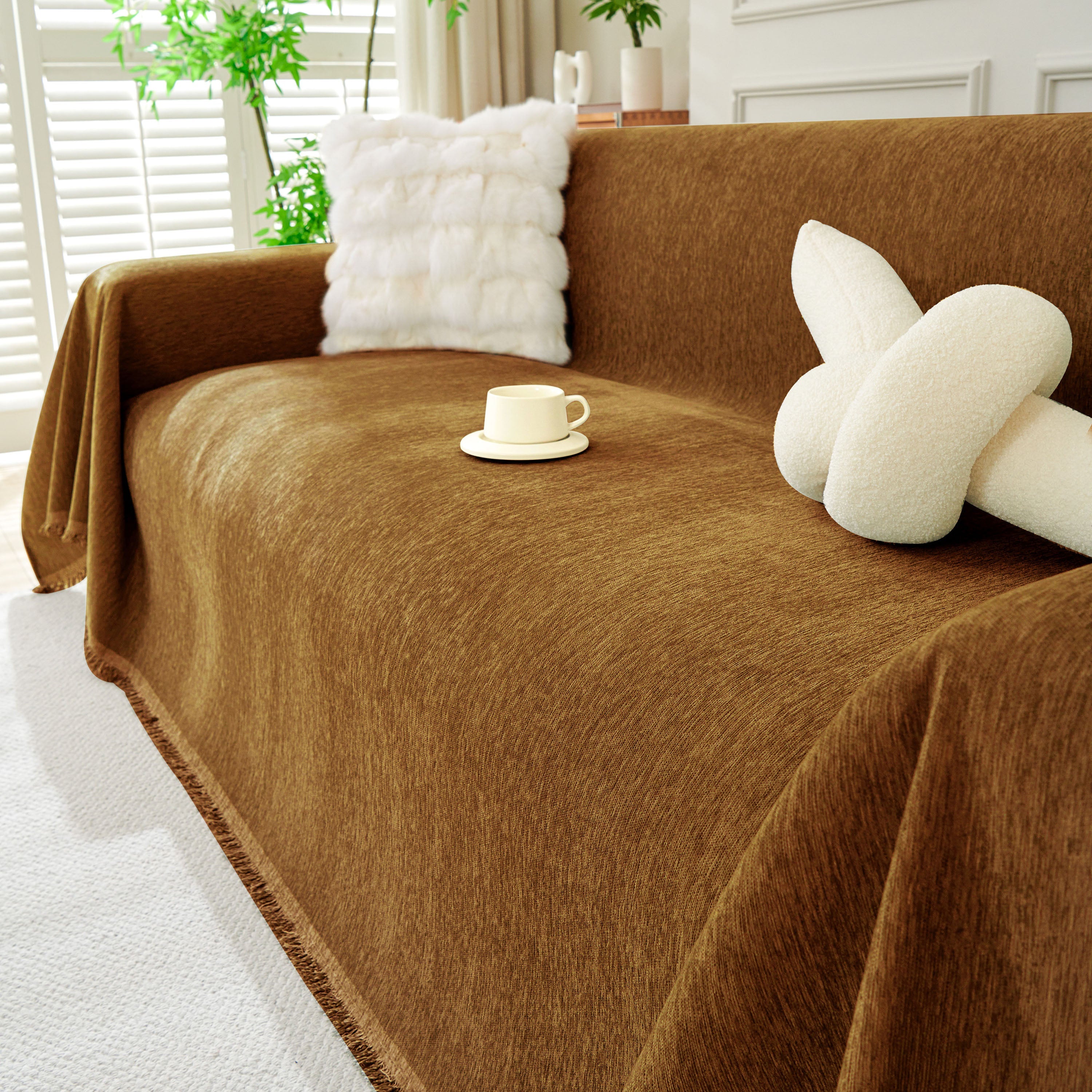 Solid Color Chenille Sofa Throw Blanket, Soft & Plush Decorative Couch Throw Cover