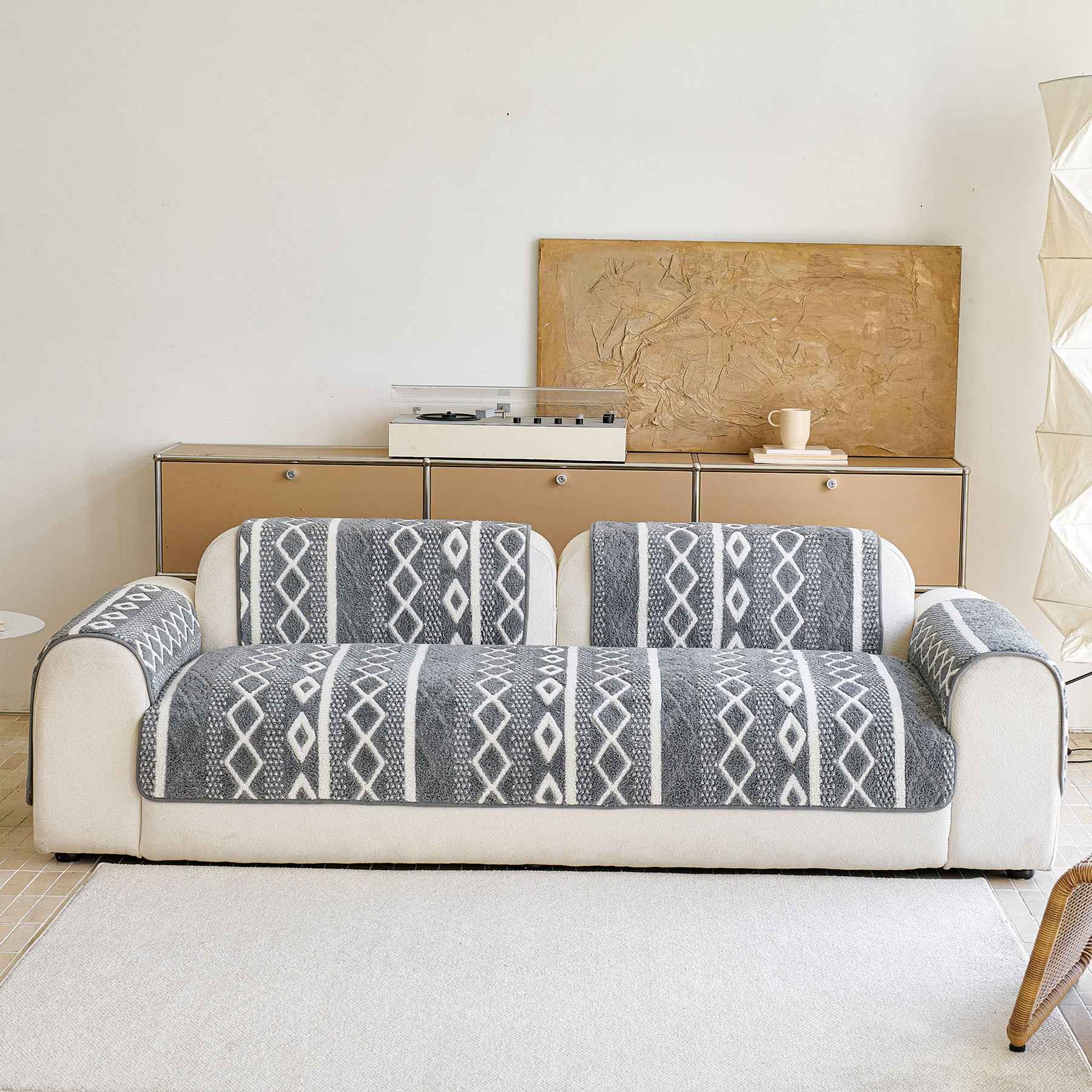 Thickened Plush Sofa Cover, Textured Geometric Couch Protector with Non-Slip Backing