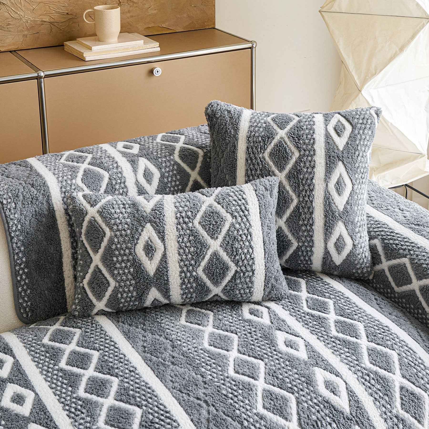 Thickened Plush Sofa Cover, Textured Geometric Couch Protector with Non-Slip Backing