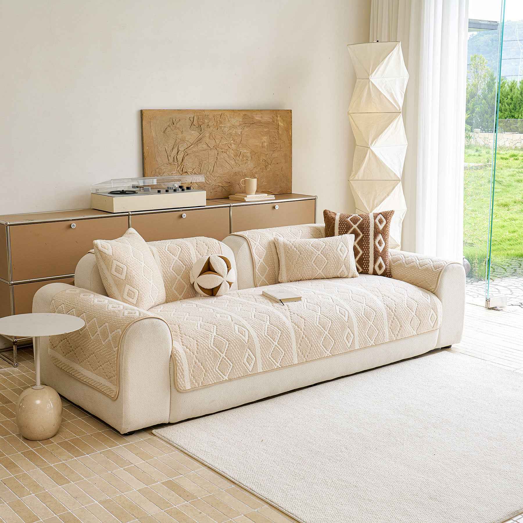 Thickened Plush Sofa Cover, Textured Geometric Couch Protector with Non-Slip Backing