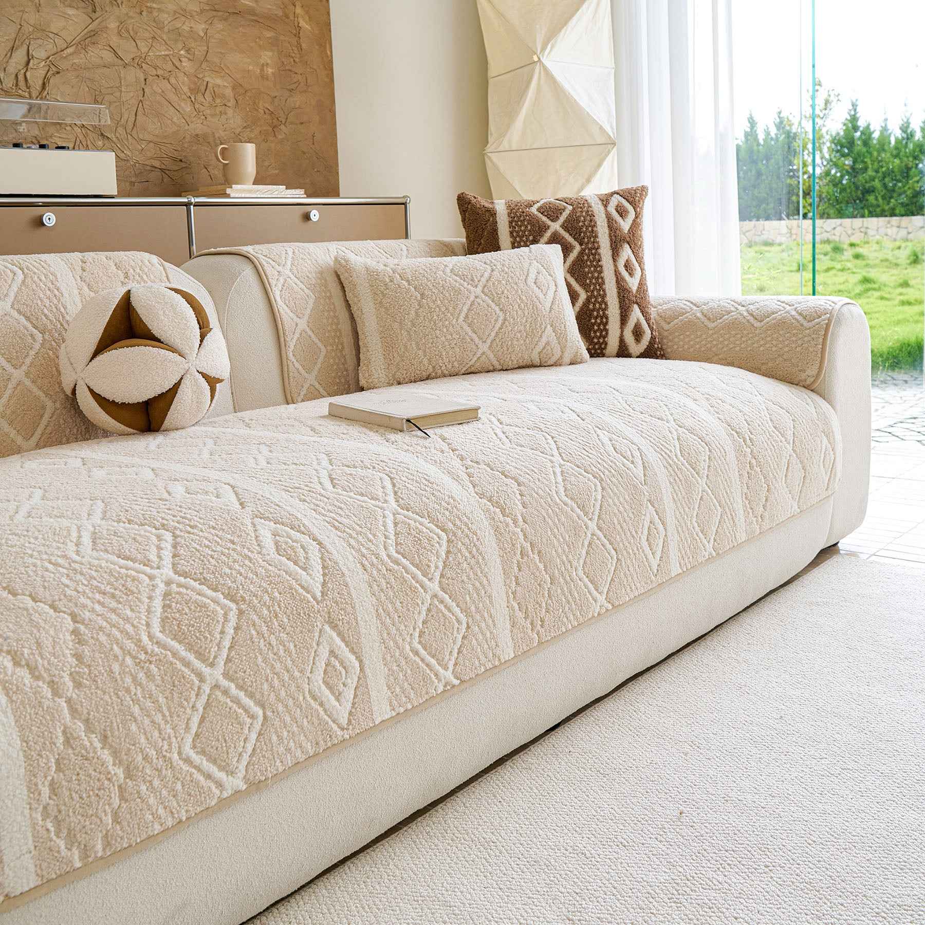 Thickened Plush Sofa Cover, Textured Geometric Couch Protector with Non-Slip Backing