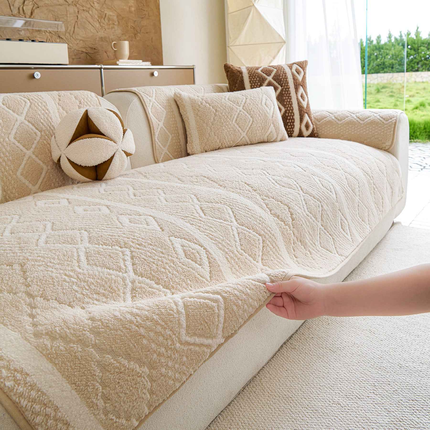 Thickened Plush Sofa Cover, Textured Geometric Couch Protector with Non-Slip Backing