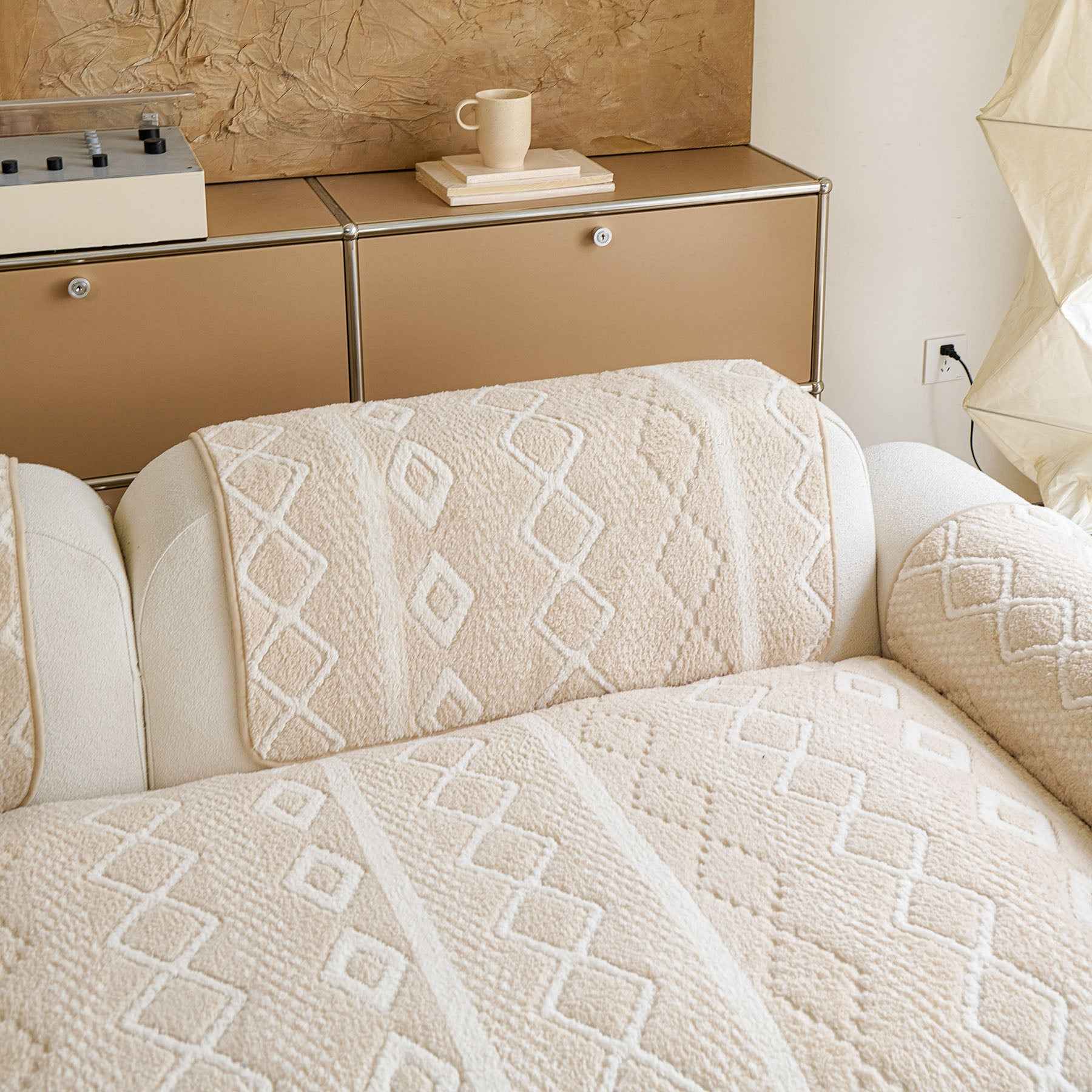 Thickened Plush Sofa Cover, Textured Geometric Couch Protector with Non-Slip Backing