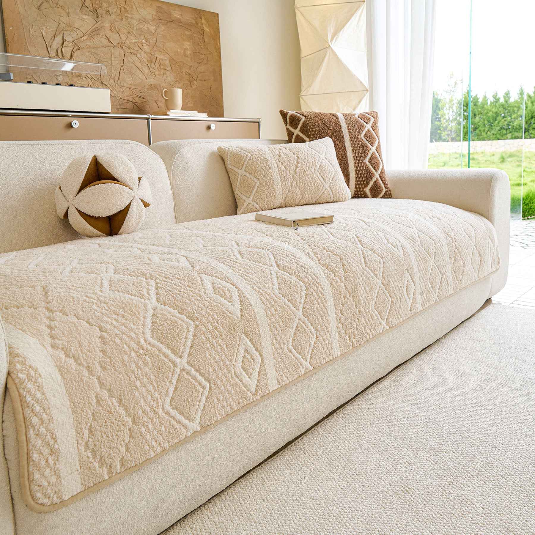 Thickened Plush Sofa Cover, Textured Geometric Couch Protector with Non-Slip Backing