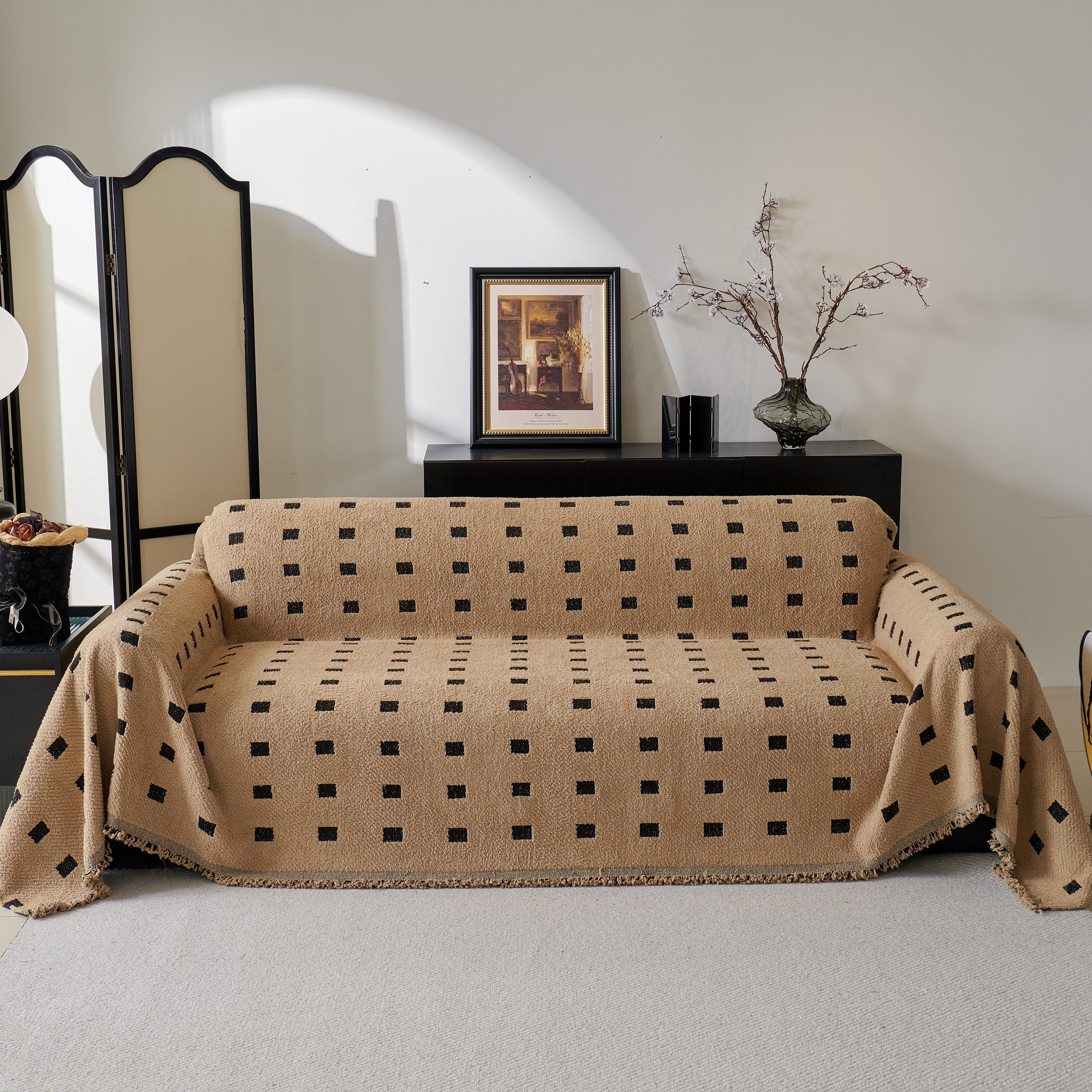 Sofa Throw Blanket with Woven Geometric Pattern & Tassels, Soft & Thick Couch Cover