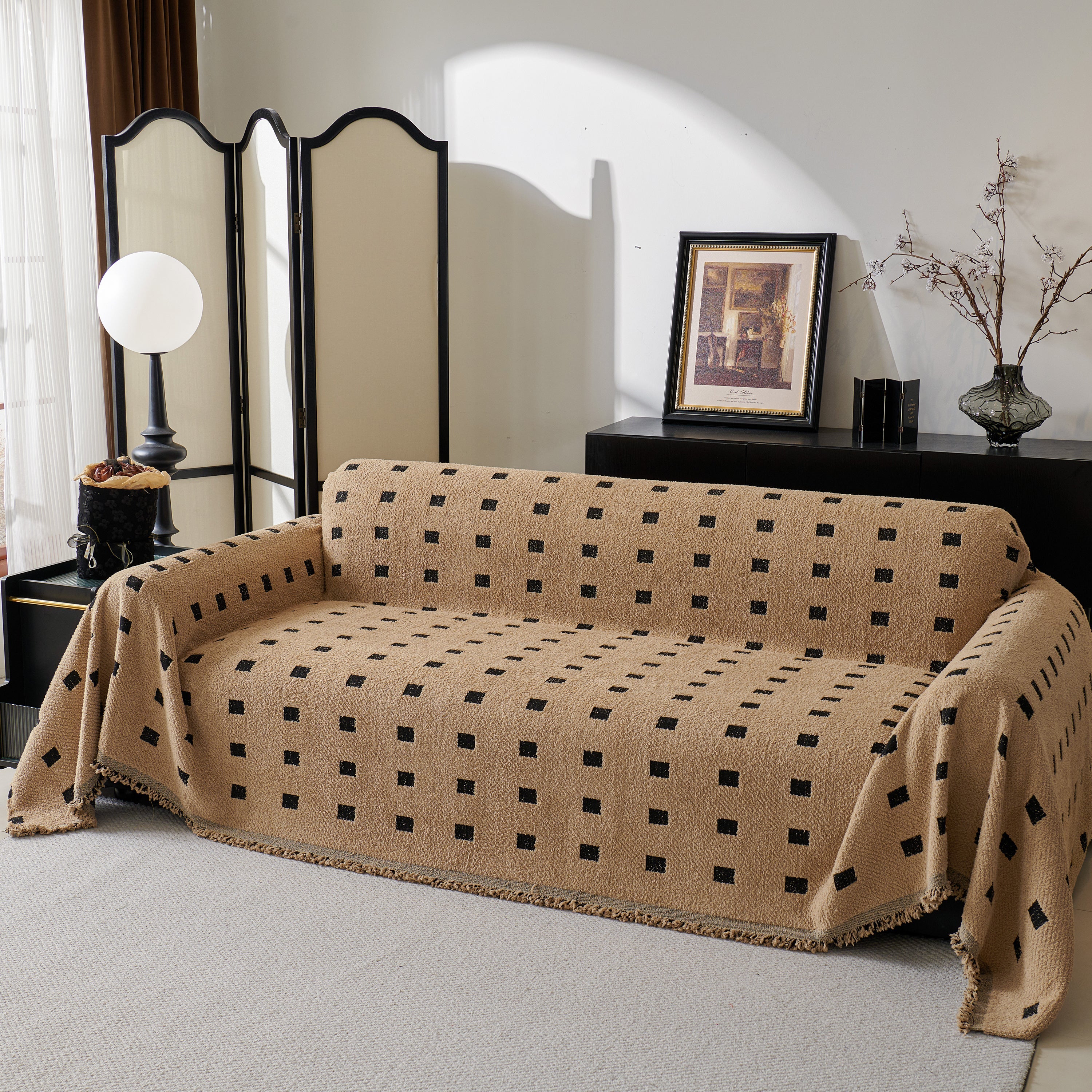 Sofa Throw Blanket with Woven Geometric Pattern & Tassels, Soft & Thick Couch Cover