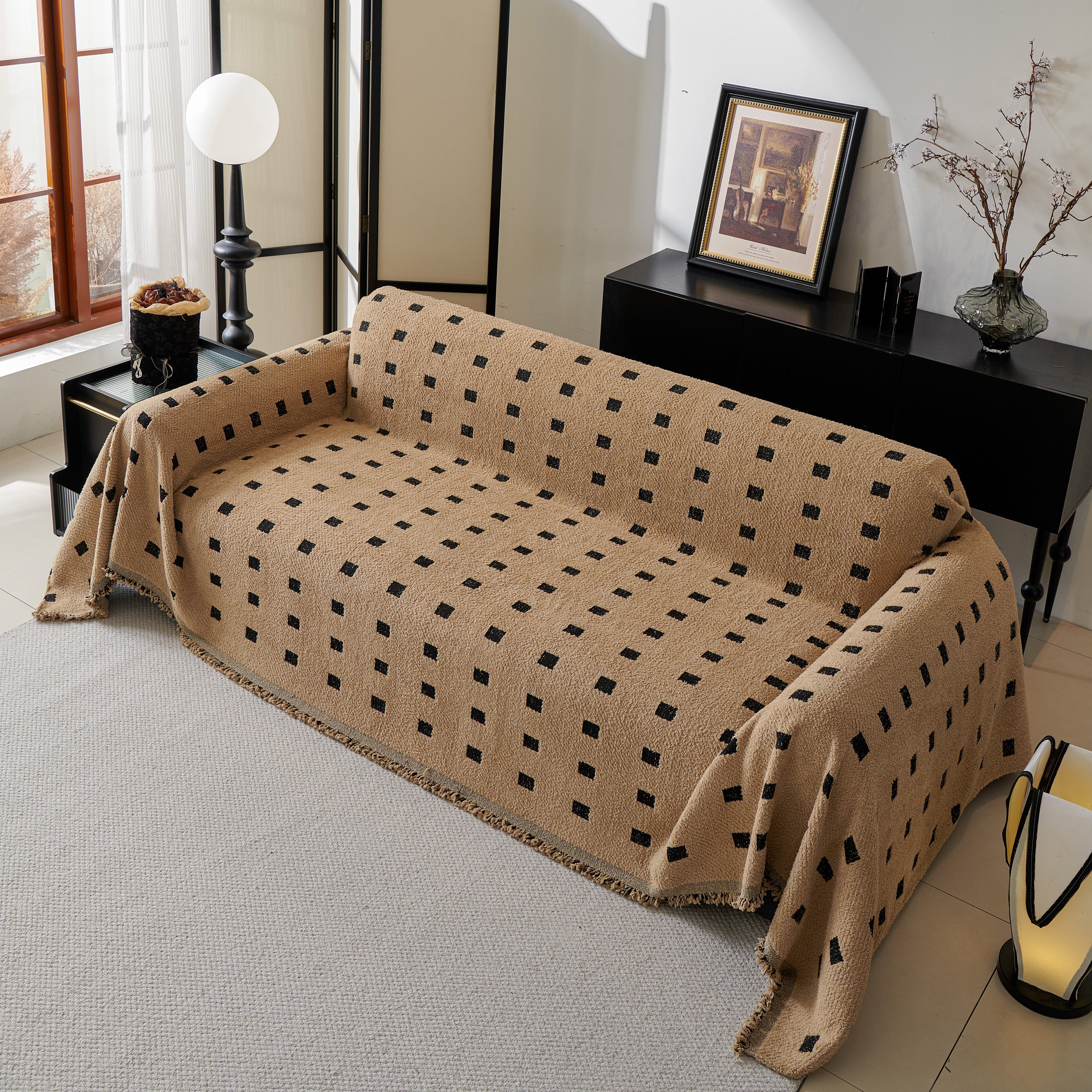 Sofa Throw Blanket with Woven Geometric Pattern & Tassels, Soft & Thick Couch Cover