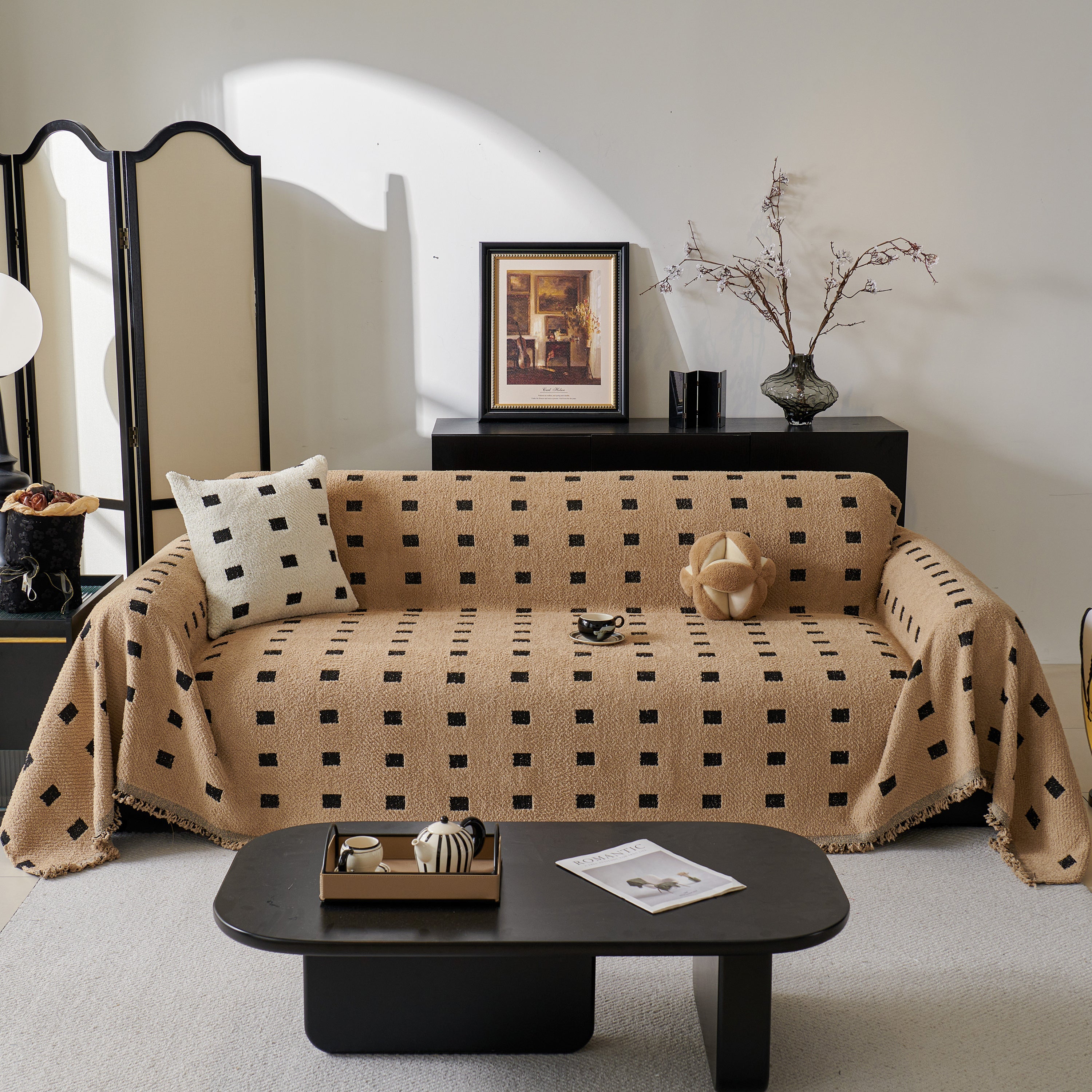 Sofa Throw Blanket with Woven Geometric Pattern & Tassels, Soft & Thick Couch Cover