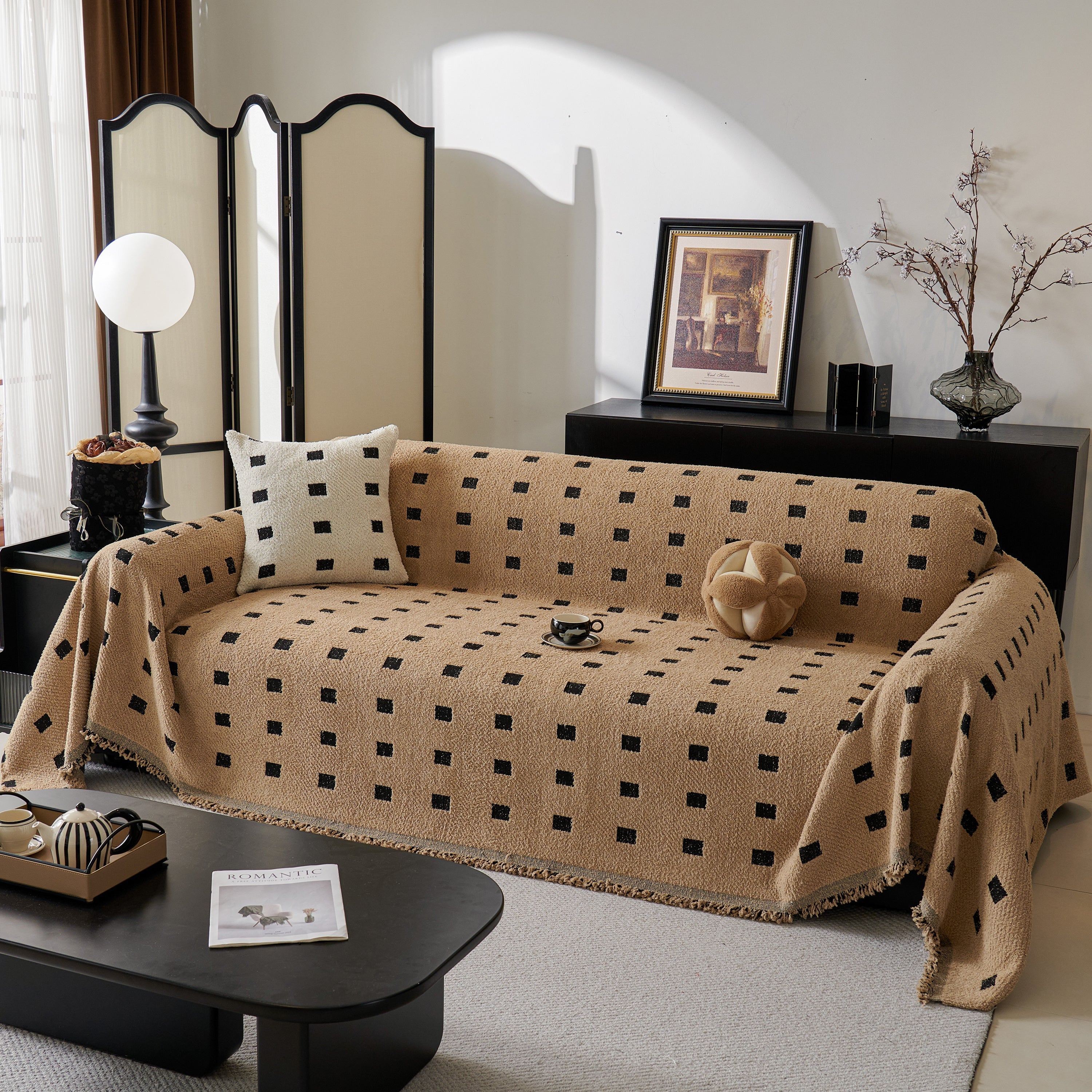 Sofa Throw Blanket with Woven Geometric Pattern & Tassels, Soft & Thick Couch Cover